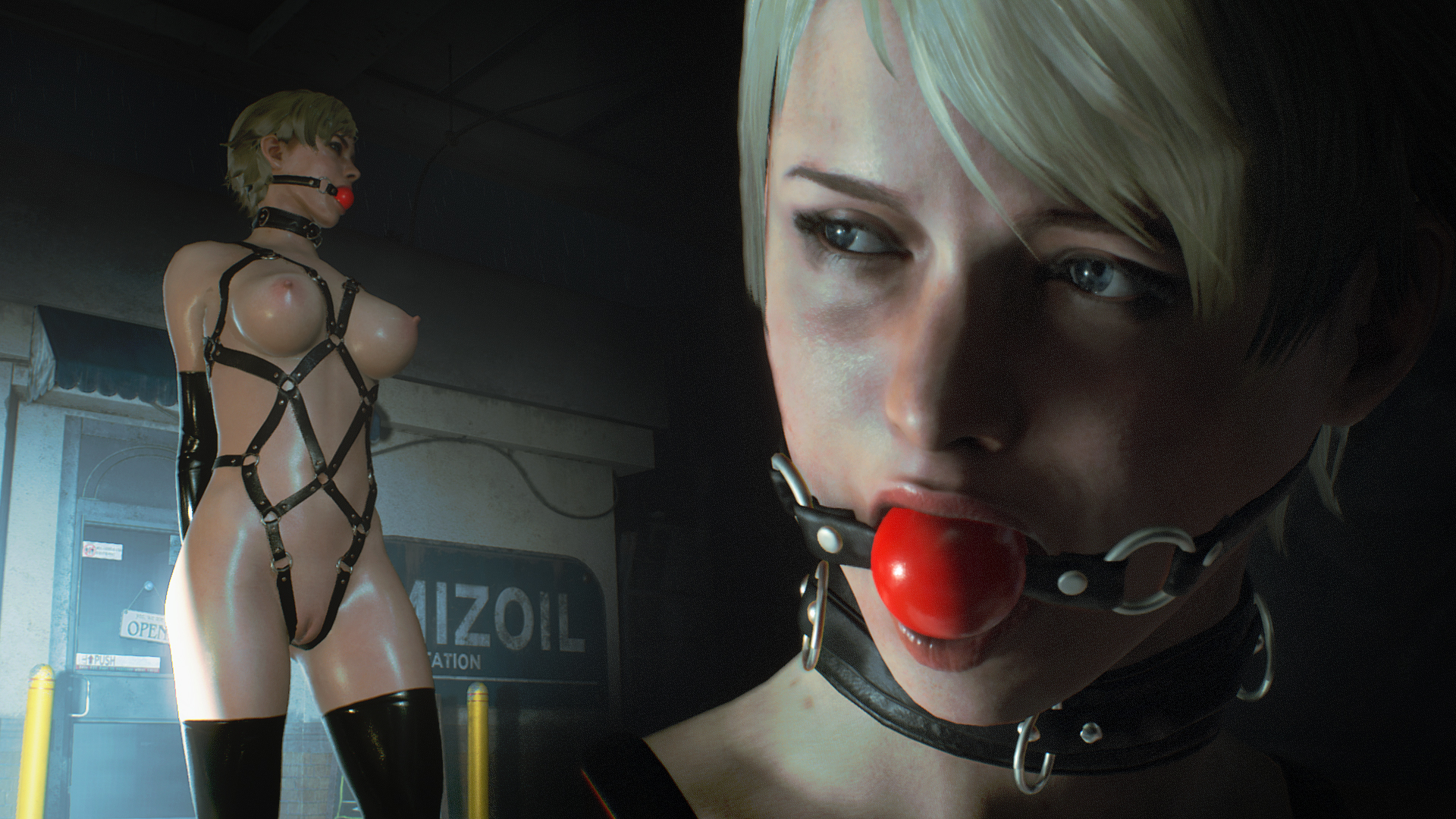 3d, 3d (artwork), arms behind back, ball gag, bdsm, big breasts, blonde hair, blue eyes, bondage, bondage gear, bondage harness, bondage outfit, bound, breasts, collar, drslumpx, elbow gloves, female, female only, femsub, gag, gagged, gloves, harness, latex, latex gloves, latex stockings, latex thighhighs, leather, looking away, naked gloves, naked thighhighs, nipples, nude, outside, pussy, resident evil, resident evil 6, sherry birkin, short hair, solo, solo female, stockings, submissive female, thighhighs