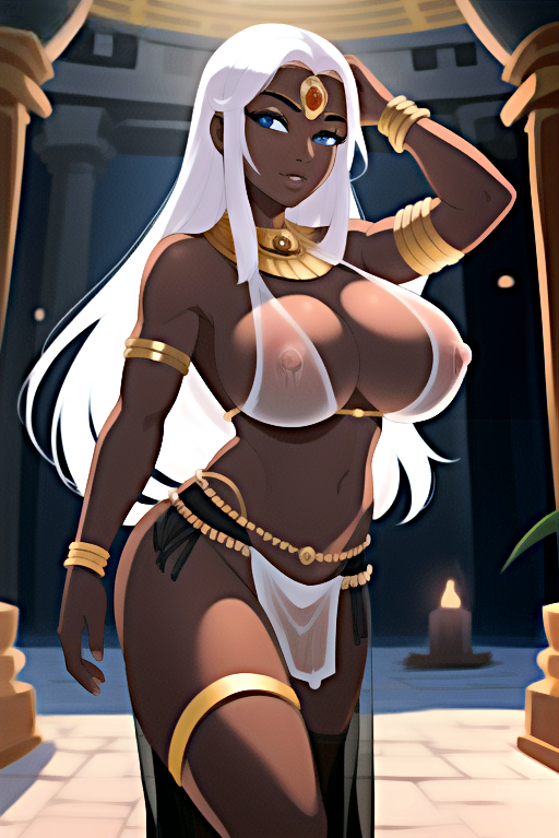 1girls ai_generated bangle belly_dancer belly_dancer_outfit big_breasts blue_eyes breasts collar dark-skinned_female dark_body dark_skin ebony female female_only gold_(metal) gold_jewelry hand_on_head jewelry jfxjxf loincloth long_hair looking_at_viewer midriff mostly_nude mostly_nude_female navel necklace nipples nipples_visible_through_clothing see-through see-through_bra see-through_clothing see-through_top solo solo_female solo_focus temple transparent_clothing white_hair