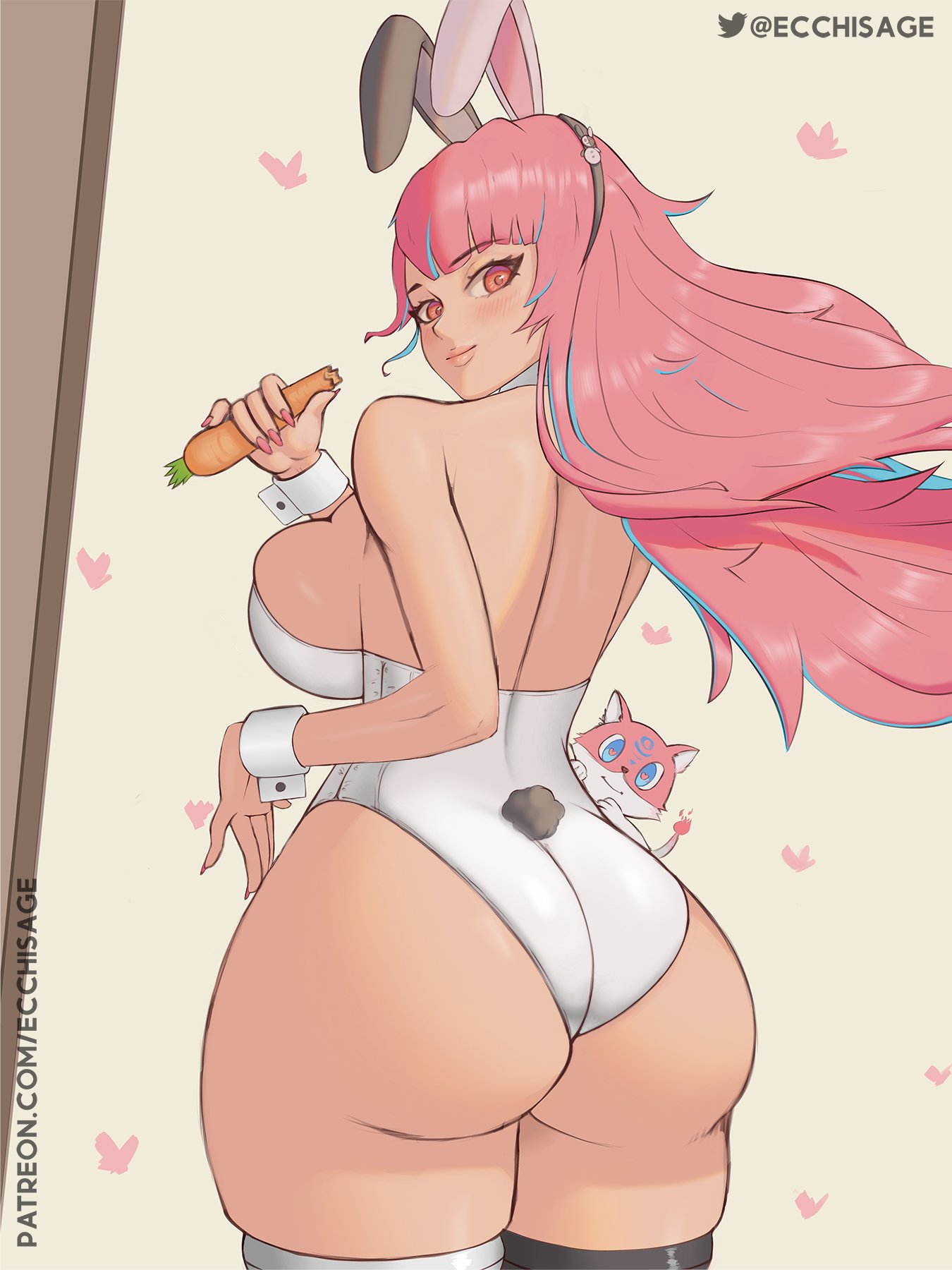 1girls, 2022, ass, ass focus, back, back view, big ass, big breasts, breasts, bunny ears, bunny girl, bunnysuit, carrot, ecchisage, female, female only, hips, holding object, huge breasts, large ass, leotard, long hair, miraihikari, original, original character, pink hair, png version available, slim waist, someone else's oc, thick thighs, thighs, white leotard, wide hips