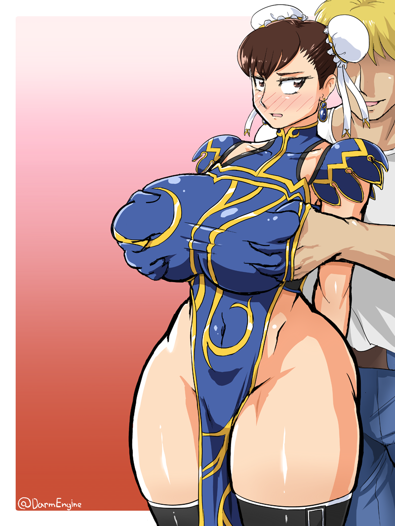 1boy 1boy1girl 1girls alternate_costume blush breasts chun-li darm_engine female grabbing groping groping_breasts groping_from_behind ken_masters light-skinned_female light-skinned_male light_skin looking_back male official_alternate_costume street_fighter street_fighter_v thick_thighs