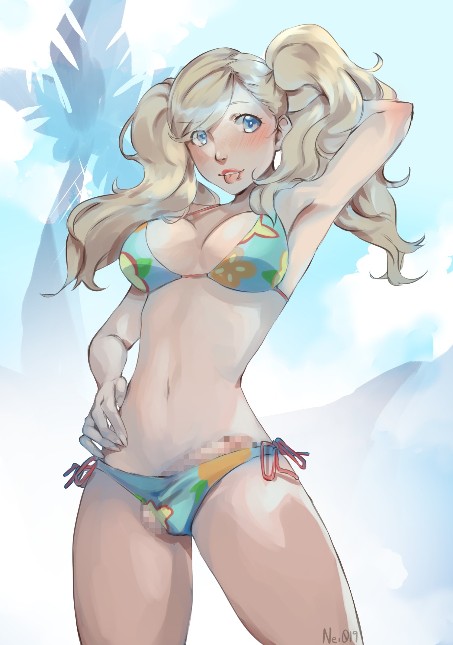 1futa, ann takamaki, balls, beach, bikini, blonde hair, blue bikini, blue eyes, breasts, bulge to side, cameltail, censored, clothed, clothing, decensor request, futa only, futanari, hand behind head, hand on hip, human, intersex, light skin, light-skinned futa, long hair, mosaic censoring, mostly nude, nei019, penis, persona, persona 5, self upload, solo, solo futa, standing, summer, tongue, tongue out, twintails, twitter sample