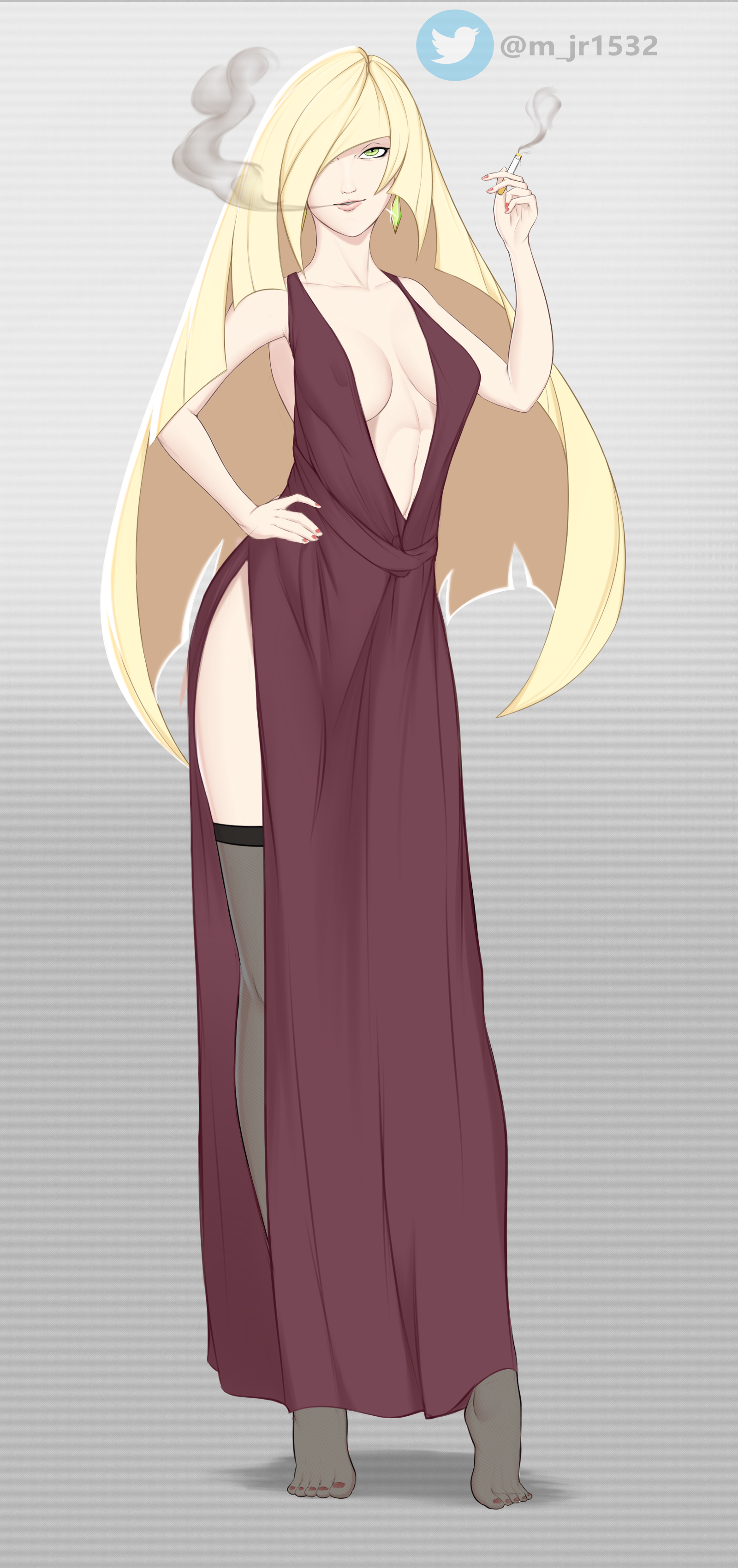 1girls, blonde hair, blonde pubic hair, breasts, cigarette, classy, classy female, cougar, cougar milf, elegant, elegant dress, feet, female, female only, gown, hair, human, long hair, looking at viewer, lusamine (pokemon), m jr art, milf, mother, pokemon, pokemon sm, rich, rich female, robe, smoking, solo, solo female, stockings, toes