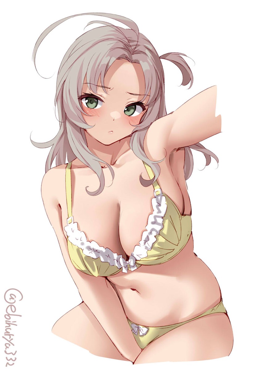 1girls :< antenna_hair between_legs blush bow bow_bra bow_panties bra breasts cleavage commentary_request cropped_legs ebifurya embarrassed female green_eyes grey_hair hair_between_eyes highres kantai_collection kinugasa_(kantai_collection) kinugasa_kai_ni_(kantai_collection) lips looking_at_viewer medium_breasts navel one-hour_drawing_challenge one_side_up panties simple_background solo twitter_username underwear white_background yellow_bra yellow_panties