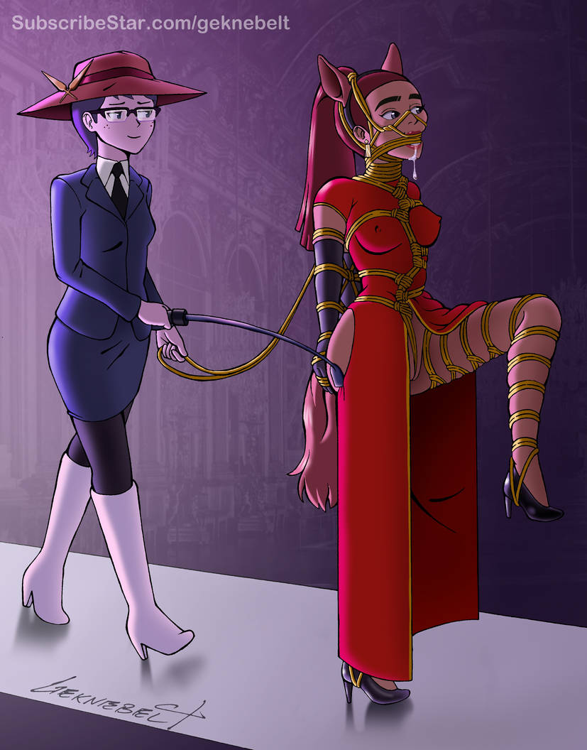 2girls bondage boots bound carmen_sandiego carmen_sandiego_(2019) carmen_sandiego_(franchise) catwalk dress drool drooling female female_focus female_only femdom femsub gag geknebelt glasses high_heels humiliation julia_argent julia_argent_(carmen_sandiego) leg_up long_hair pet_play petplay pony_play ponyplay ponytail red_dress rope runway short_hair signature smile suit suit_and_tie tech_control tied_hair tied_shirt yuri zupern0va_(manipper)