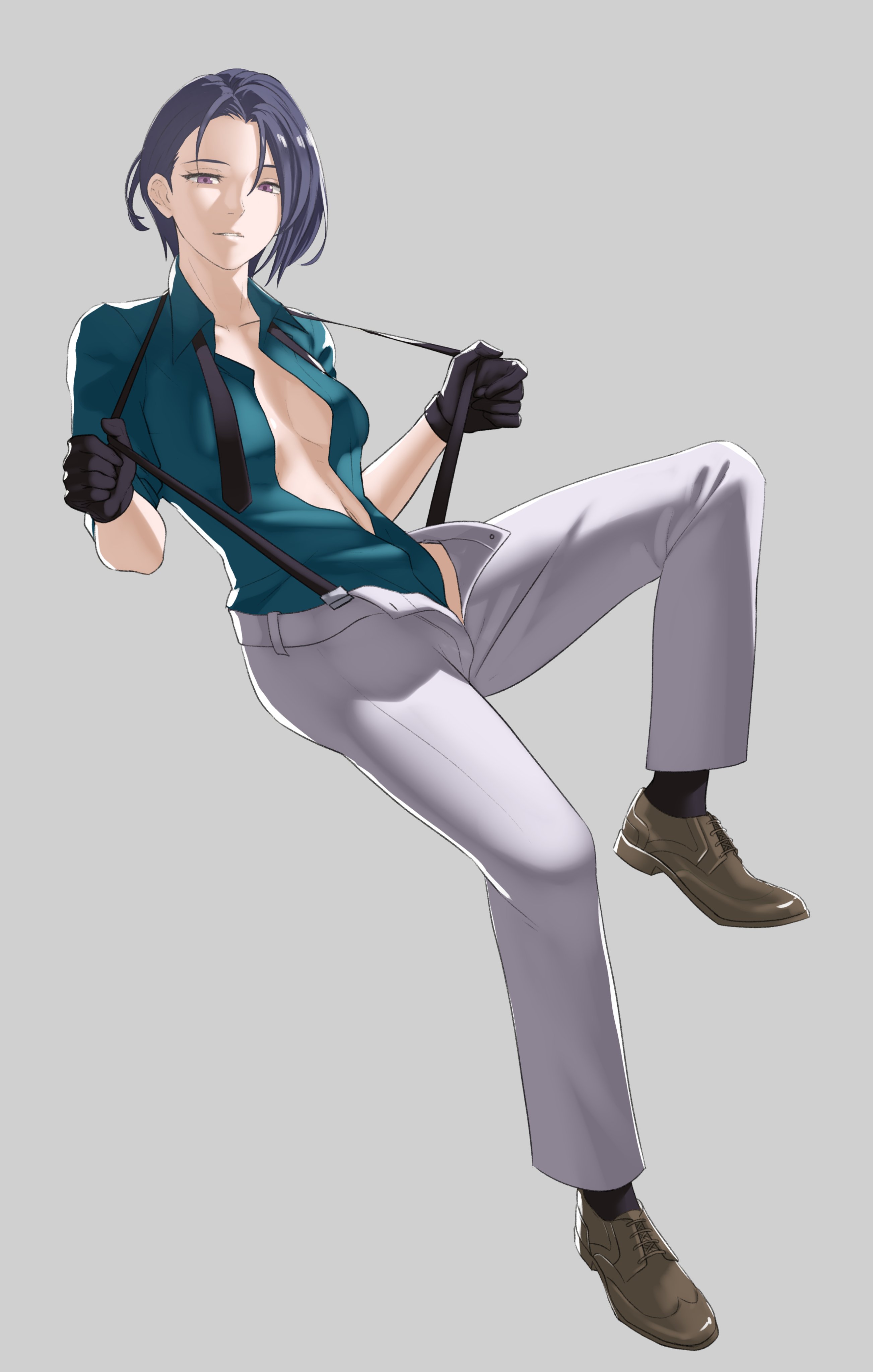 absurdres, athletic, athletic female, blue hair, breasts, female, fire emblem, fire emblem: three houses, gloves, goth, goth girl, gothic, grey background, grin, highres, looking at viewer, navel, open clothes, open pants, open shirt, pants, pomelomelon, purple eyes, shamir nevrand, shirt, shoes, short hair, small breasts, smile, socks, solo, suspenders, suspenders pull, tomboy