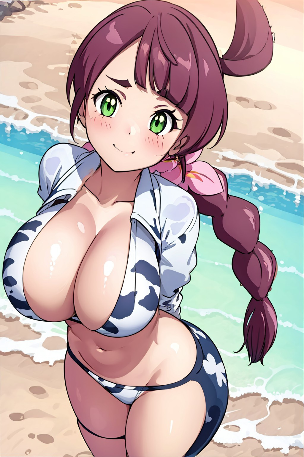 1girls ai_generated big_breasts bikini blue_bikini blue_bikini_bottom blue_bikini_top breasts chloe_(pokemon) cleavage collarbone cow_print cow_print_bikini female female_focus female_only green_eyes long_hair nintendo pokemon pokemon_(anime) pokemon_anime pokemon_journeys purple_hair ryuzam solo thick_thighs thighs tied_hair white_bikini white_bikini_bottom white_bikini_top