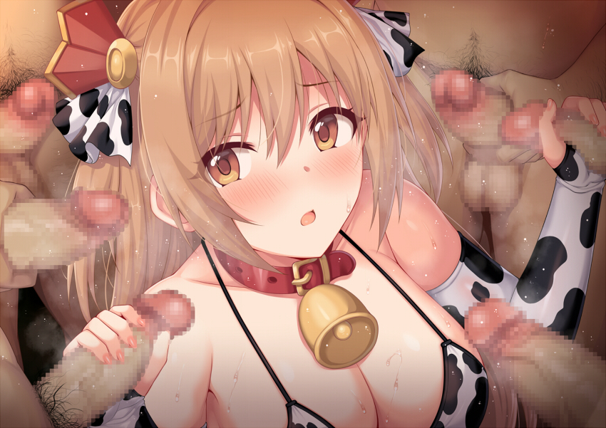 animal_print bangs bare_shoulders bell big_breasts bikini blush breasts bridal_gauntlets brown_eyes brown_hair censored cleavage collar collarbone cow_print detached_sleeves double_handjob erection female handjob horosuke_(toot08) large_breasts long_hair looking_at_viewer male_masturbation masturbation multiple_boys multiple_penises neck_bell nozomi_(princess_connect!) nude open_mouth penis princess_connect! straight sweat swimsuit testicles two_side_up white_bikini