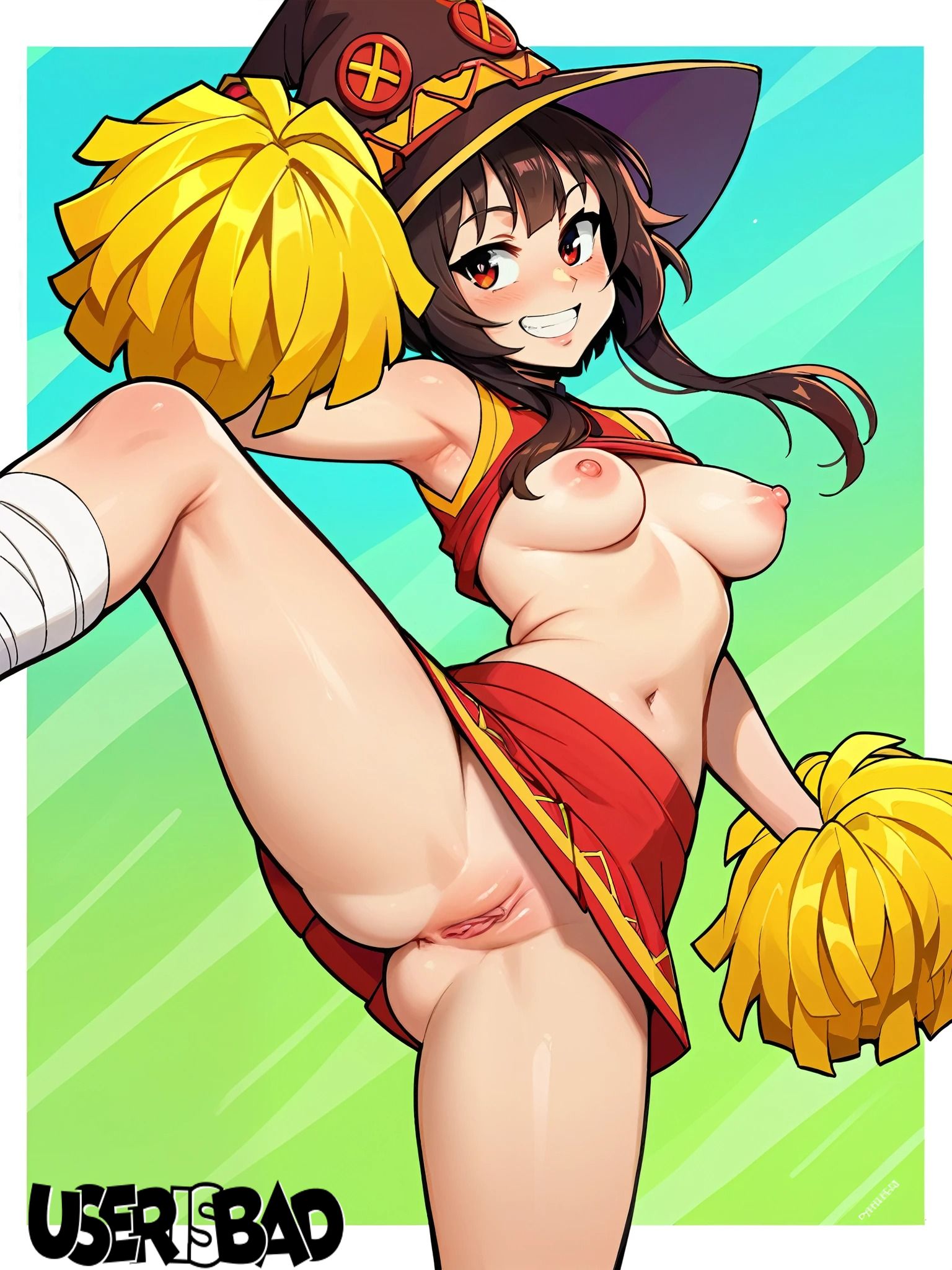 1girls ai_generated breasts cheerleader cheerleader_uniform exposed_breasts exposed_pussy kono_subarashii_sekai_ni_shukufuku_wo! megumin nipples no_panties pussy shirt_lift skirt solo spread_legs tagme userisbad