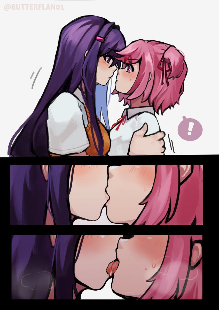 2girls blush butterflan01 close-up doki_doki_literature_club female female_only kissing natsuki_(doki_doki_literature_club) pink_hair purple_hair sweat yuri yuri_(doki_doki_literature_club)