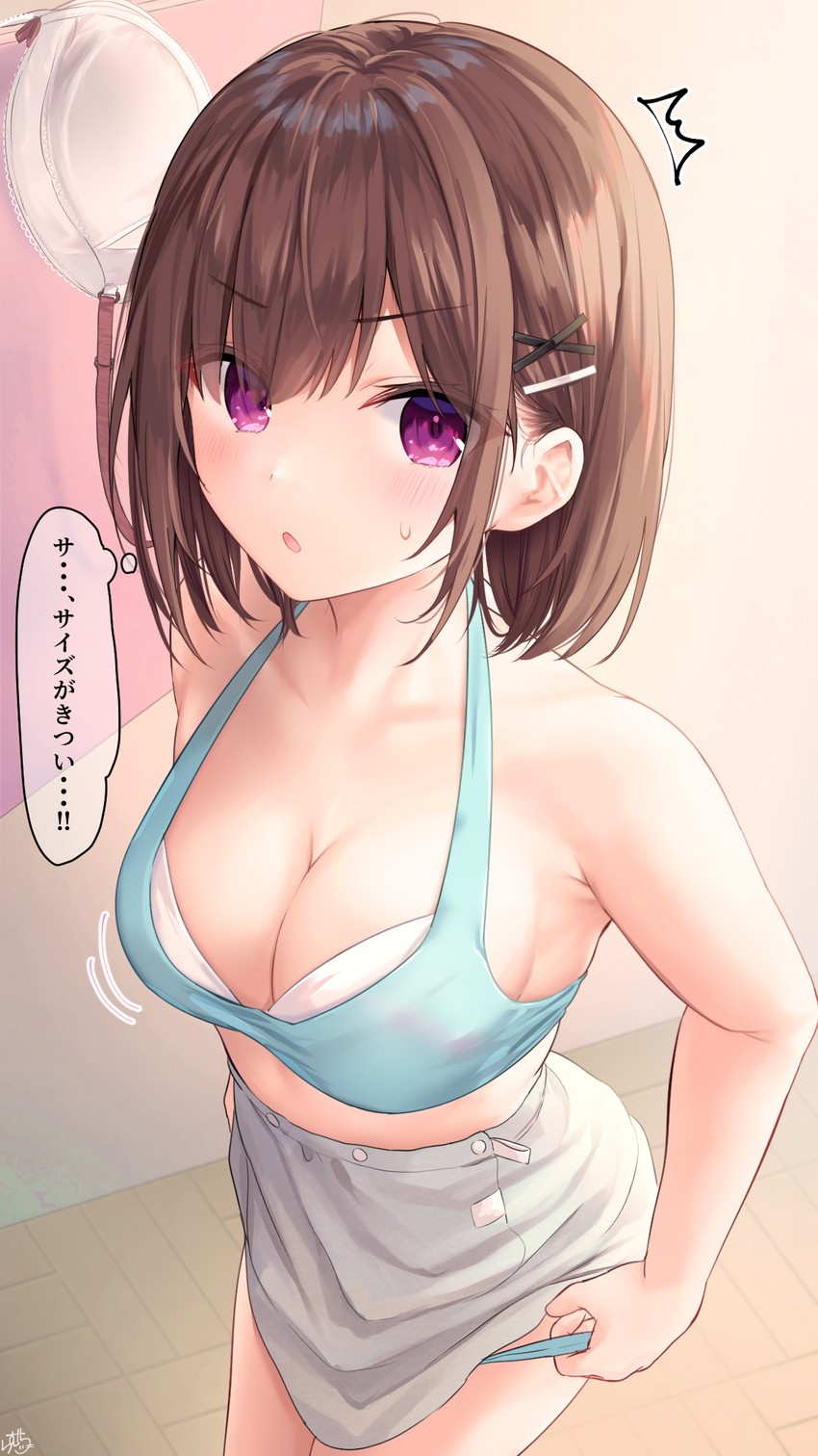 ^^^ bad_id bad_pixiv_id bare_shoulders bikini blue_bikini blush breasts brown_hair childhood_friend-chan_(ramchi) cleavage collarbone female hair_ornament hairclip highres looking_at_viewer medium_breasts original purple_eyes ramchi short_hair solo sweatdrop swimsuit thought_bubble translated undressing x_hair_ornament