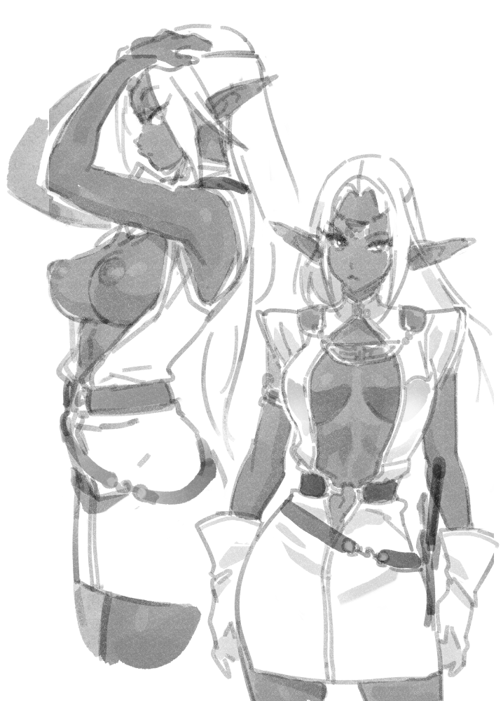 1girls athletic_female bare_breasts big_breasts dark-skinned_female dark_elf dark_skin elf elf_ears pirotess pointy_ears record_of_lodoss_war sketch