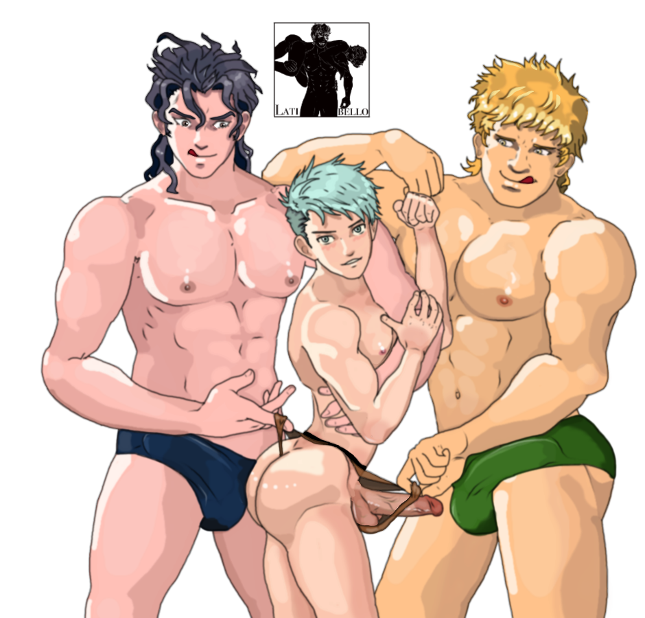 balthus_von_albrecht bara caspar_von_bergliez exposed_penis fire_emblem fire_emblem:_three_houses gay latibello male muscle_worship muscular_male post-timeskip raphael_kirsten sandwich_position size_difference thong underwear willing_sub yaoi