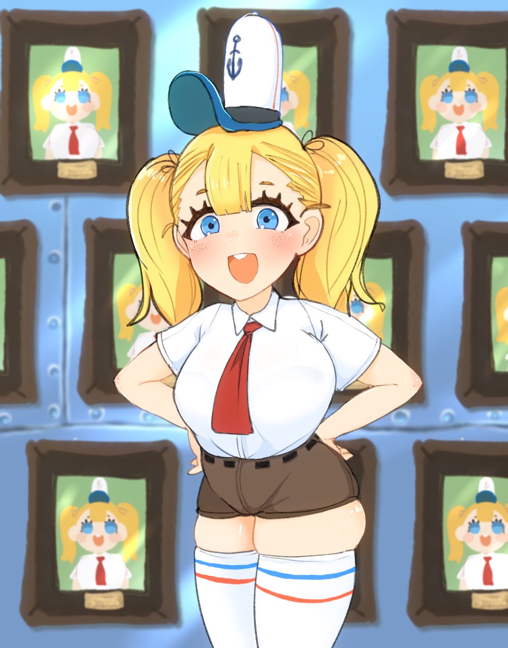 1girls big_breasts blonde_hair blue_eyes blush blushing_at_viewer breasts collared_shirt cute eye_contact female female_focus female_only freckles genderswap_(mtf) hat headwear human humanized humanoid large_breasts light-skinned_female light_skin looking_at_viewer nickelodeon pov_eye_contact ro_(aahnn) rule_63 shorts smile smiling smiling_at_viewer smooth_skin solo solo_female spongebob_squarepants spongebob_squarepants_(character) tagme thighhighs thighs tie twintails white_shirt