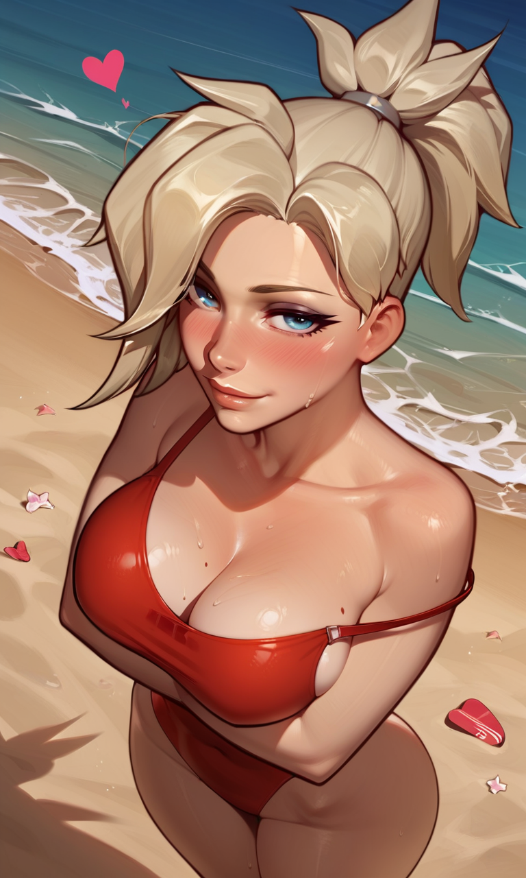 11_22 ai_generated angela_ziegler beach blonde_hair blue_eyes cleavage crossed_arms from_above heart large_breasts looking_at_viewer mercy ocean one-piece_swimsuit overwatch ponytail seductive_smile strap_slip sweat wide_hips