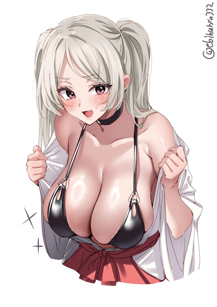 artist_name bare_shoulders bikini black_bikini black_choker blush breasts choker collarbone conte_di_cavour_(kantai_collection) conte_di_cavour_(miko_mode)_(kantai_collection) conte_di_cavour_(swimsuit_mode)_(kantai_collection) ebifurya female furrowed_brow grey_hair hakama hands_up hanging_breasts highres japanese_clothes kantai_collection leaning_forward long_hair looking_at_viewer miko oerba_yun_fang one-hour_drawing_challenge open_clothes open_mouth purple_eyes red_hakama sidelocks simple_background skindentation solo sparkle strap_gap swimsuit twitter_username upper_body white_background