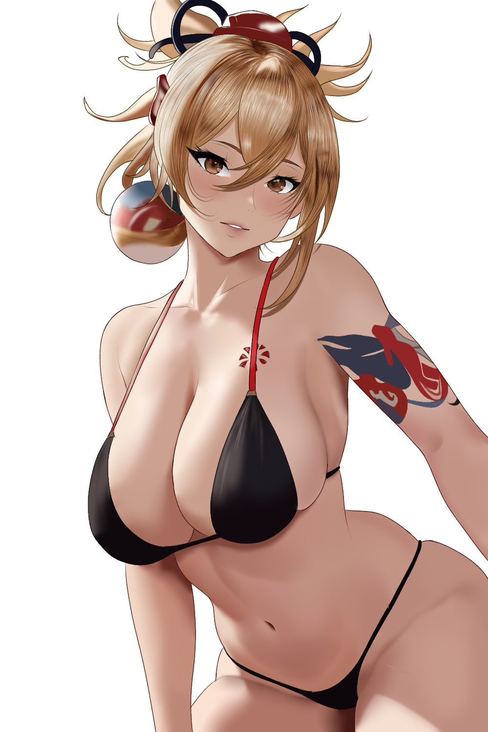 alexei3_luis arm_tattoo bikini blonde_hair chest_tattoo curvy_female earrings female_only genshin_impact hanging_breasts huge_breasts large_breasts luis_alexei natural_breasts perfect_body sensual streaked_hair tattoo yellow_eyes yoimiya_(genshin_impact) younger_female