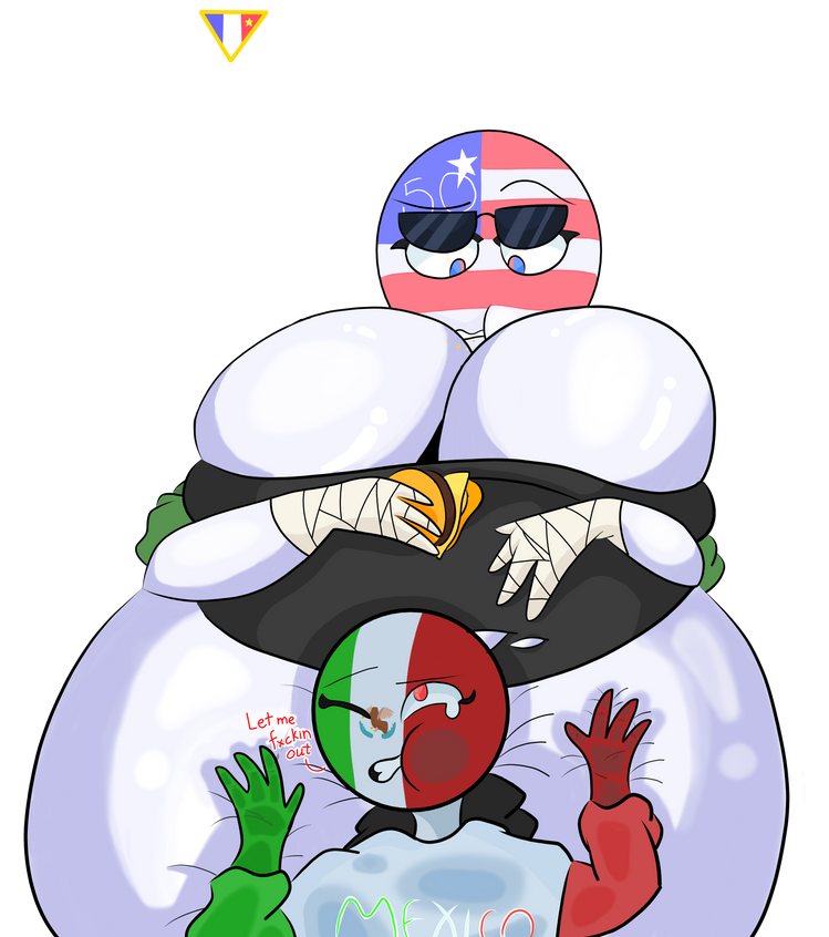 1boy 1girls big_breasts burger eating fat fat_breasts mexico_(countryhumans) united_states_of_america_(countryhumans)