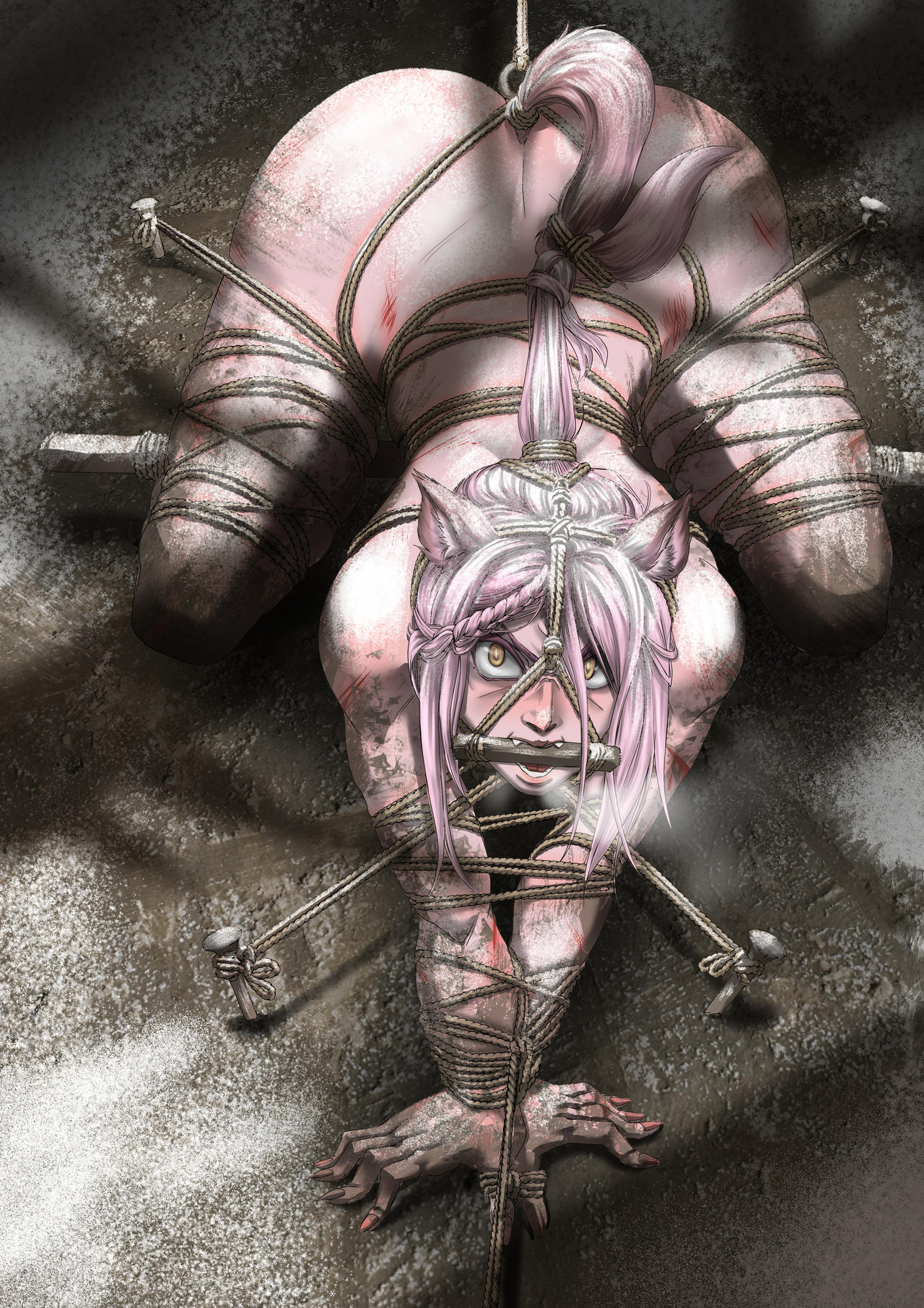 all fours, angry, angry sub, bit gag, bondage, bound, bound arms, bound legs, bound wrists, cat ears, cat girl, catgirl, dirty, fangs, female, female only, femsub, gag, gagged, harness bit gag, harness gag, looking at viewer, nude, nude female, outside, pink hair, reversetension, rope, rope bondage, scratches, snow, solo, solo female, spreader bar, submissive female, tail, tail tied, tied down, yellow eyes