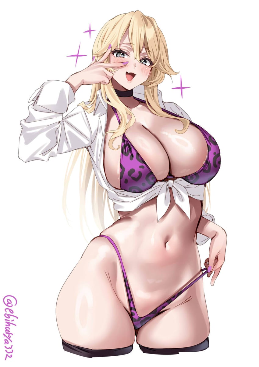 1girls alternate_costume animal_print bikini blonde_hair blush bra breasts cleavage collarbone commentary_request cropped_legs cute_fang dress_shirt ebifurya fang_out female grey_eyes hair_between_eyes highleg highleg_bikini highres iowa_(kantai_collection) kantai_collection large_breasts leopard_print leopard_print_bikini long_hair looking_at_viewer nail_polish navel oerba_yun_fang one-hour_drawing_challenge open_mouth panties panty_pull purple_nails shirt sideboob simple_background skindentation smile solo star-shaped_pupils star_(symbol) stomach swimsuit symbol-shaped_pupils thighhighs tied_shirt twitter_username underwear w white_background white_shirt