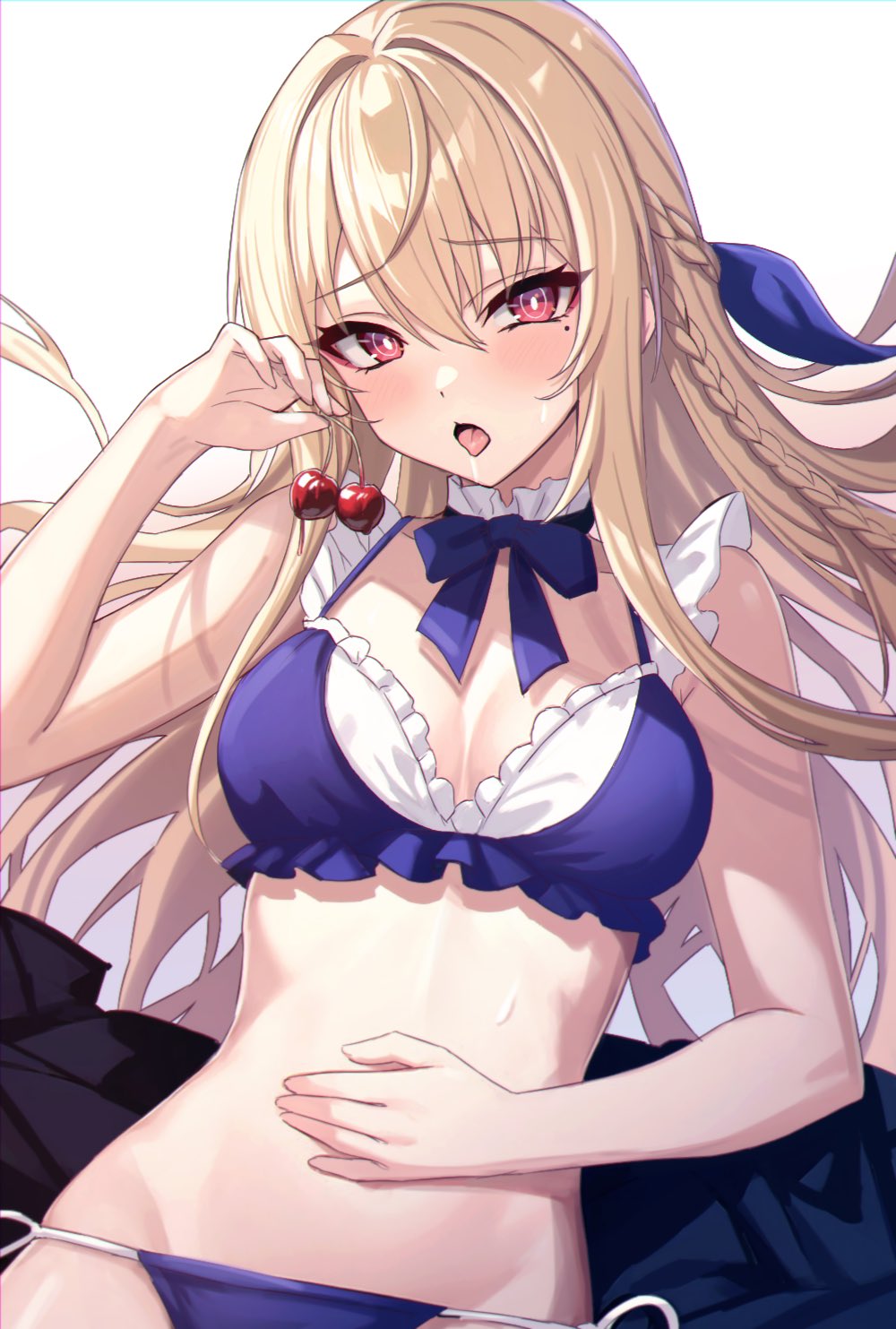 bare_shoulders bikini blonde_hair blue_bikini blush braid breasts cherry cleavage counter:side drool drooling ecclesia_(counter:side) female food fruit hair_between_eyes hair_ribbon hand_on_belly highres large_breasts ll_0109 long_hair looking_at_viewer mole mole_under_eye mors_(counter:side) navel open_mouth red_eyes ribbon solo swimsuit tongue tongue_out