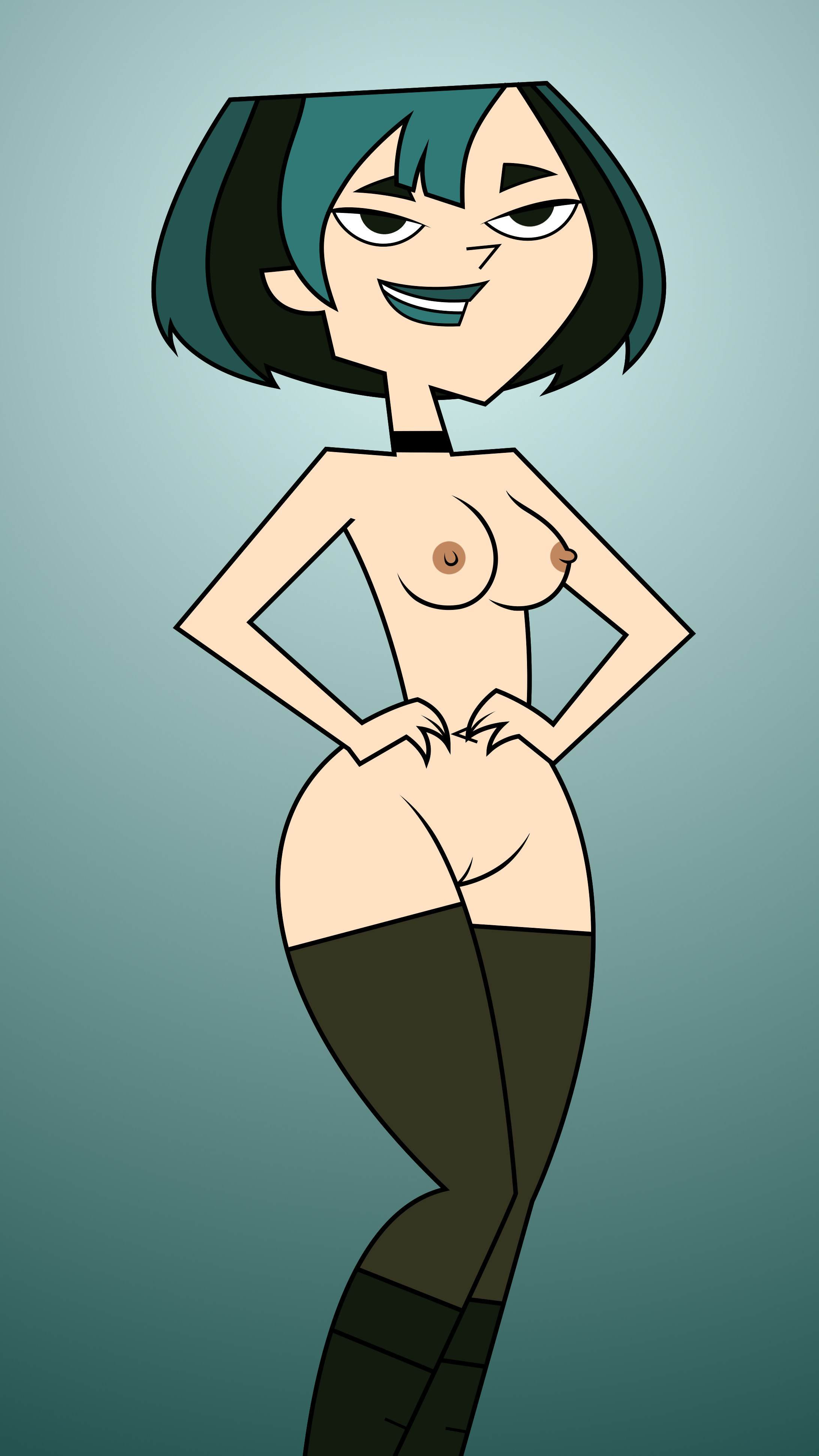 1girls, blue hair, blue lipstick, boobs, breasts, curvaceous, curvy, curvy body, curvy female, curvy figure, curvy hips, female, female only, functionally nude, gwen (tdi), hands on hips, legwear, medium breasts, naked footwear, nipples, pussy, shaved pussy, short hair, solo, solo female, tits, tjlive5, total drama island, vagina