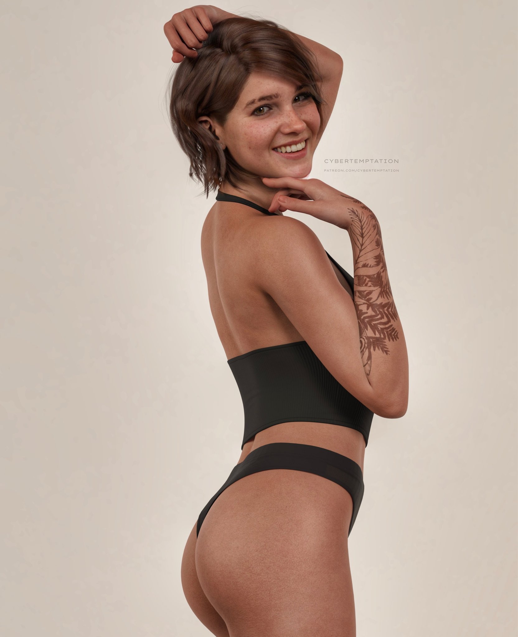 1girls, 3d, ass, brown hair, cybertemptation, ellie (the last of us), ellie williams, female, female only, looking at viewer, naughty dog, panties, short hair, smile, solo, tattoo, the last of us, the last of us 2, thong, underwear