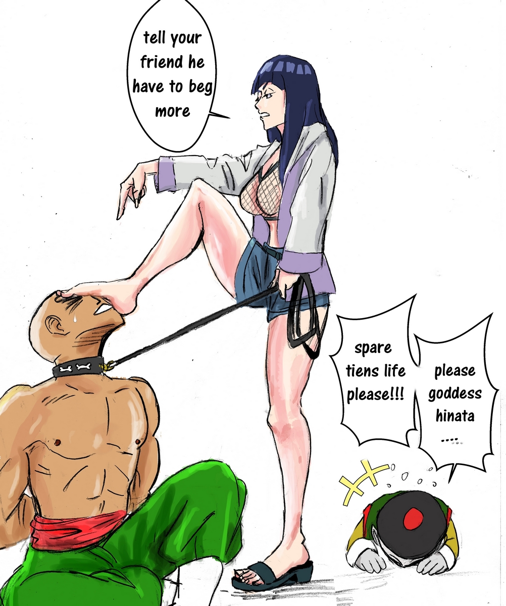 1girls 2boys barefoot begging bowing_down breasts breasts_out collar crossover dialogue dog_collar dragon_ball dragon_ball_super dragon_ball_z english_text feet feet_sniff feet_up female femdom femdom_caption foot_fetish foot_focus foot_lick foot_on_face foot_on_head foot_play foot_sniffing foot_worship hinata_hyuuga leash leash_and_collar leash_pull malesub naruto naruto_(classic) naruto_shippuden sniffing sniffing_feet speech_bubble ssslavein tenshin tenshinhan text tien_shinhan