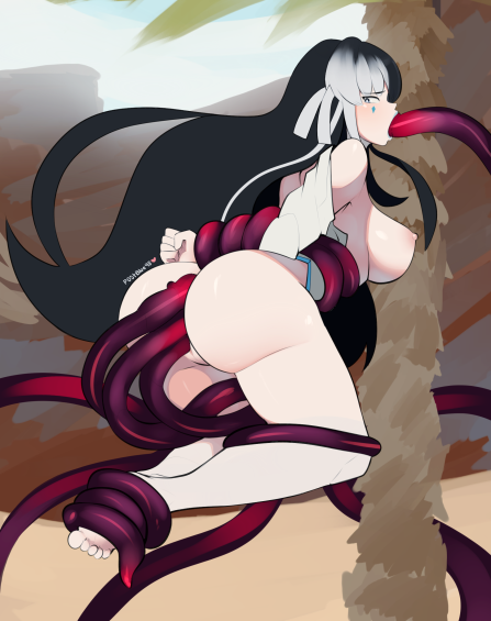 big_breasts black_hair blue_eyes blue_lips fuyuko_(monster_girl_island) monster_girl monster_girl_island purple_tentacles tentacle tentacle_bondage tentacle_in_anus tentacle_in_ass tentacle_in_mouth tentacle_in_pussy tentacle_penetration tentacle_rape tentacle_sex thick_thighs white_hair yuki_onna