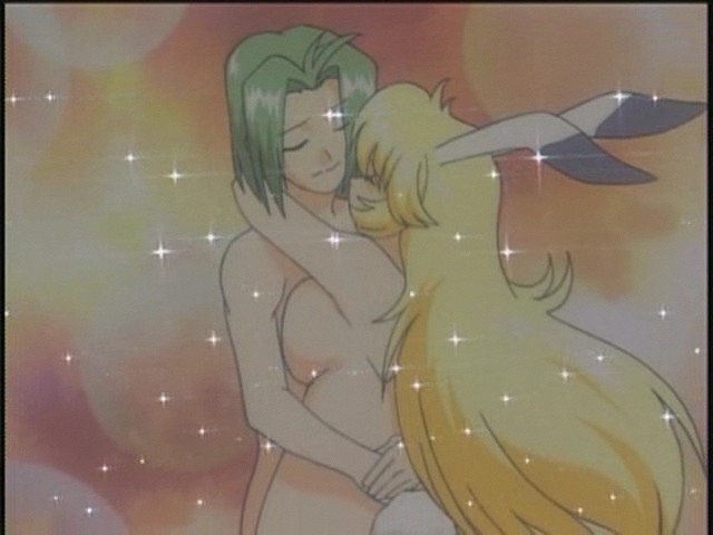 1boy 1girls blonde_hair bunny_ears bunny_girl bunny_tail eyes_closed green_hair hugging naked naked_female naked_male nude nude_female nude_male open_arms pale-skinned_female pale-skinned_male rabbit_ears rabbit_girl rabbit_tail romance romantic screencap screenshot sparkles sparkling_background usagi-chan_de_cue wholesome