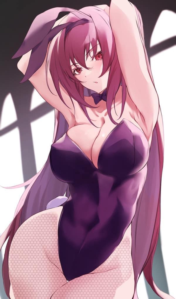 breasts, bunny tail, bunnysuit, busty, detached collar, fate (series), fate/grand order, female, fishnet stockings, purple hair, scathach (fate), scathach (piercing bunny)