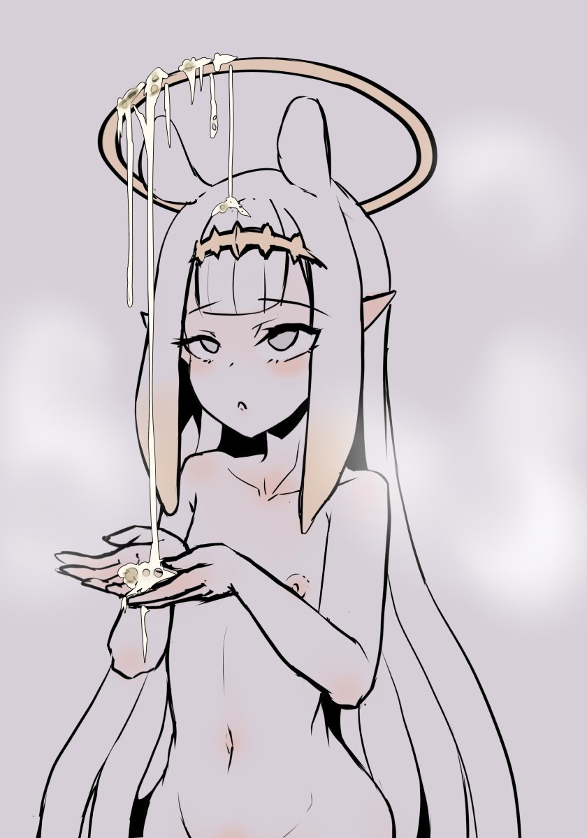 breasts, cum, female, hololive, hololive english, hololive myth, monochrome, moral cacoethes, ninomae ina'nis, nude, pointy ears, rolling eyes, small breasts, virtual youtuber