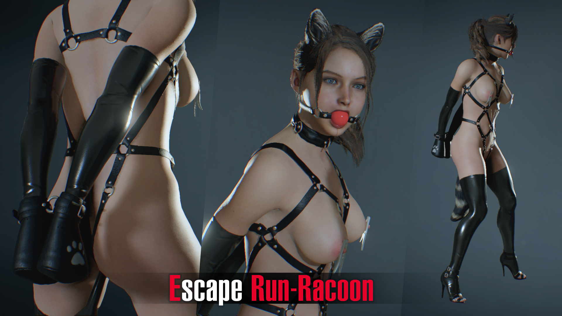 3d, 3d (artwork), anal plug, animal ears, arms behind back, ass, ball gag, bdsm, blue eyes, bondage, bondage gear, bondage gloves, bondage harness, bondage mittens, bondage outfit, bound, bound wrists, breasts, brown hair, buttplug, capcom, claire redfield, collar, cuffs, drool, drooling, drslumpx, elbow gloves, female, female only, femsub, gag, gagged, harness, heels, high heels, latex, latex gloves, latex stockings, latex thighhighs, leather, looking at viewer, looking away, naked footwear, naked heels, naked thighhighs, nipple clamps, nipples, nude, raccoon ears, raccoon tail, resident evil, resident evil 2, resident evil 2 remake, solo, solo female, stockings, submissive female, tail, tail plug, thighhighs, wrist cuffs