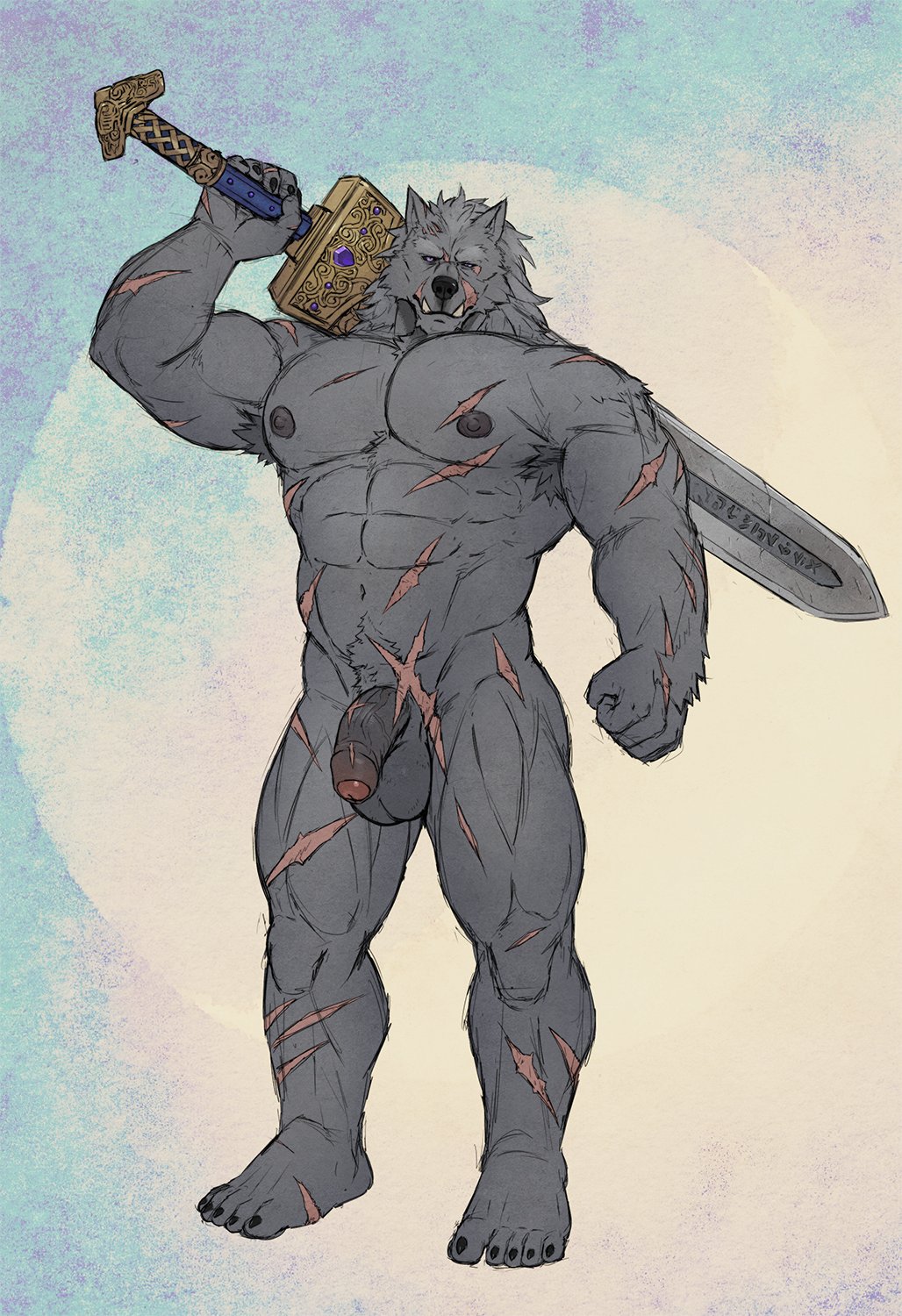 anthro armpit_hair balls black_nipples blaidd_(elden_ring) blue_background body_hair canid canine canis elden_ring facial_scar flaccid fromsoftware fur genitals glans grey_balls grey_body grey_fur grey_penis hi_res holding_object holding_sword holding_weapon humanoid_genitalia humanoid_penis male male_focus male_only mammal melee_weapon nipples nude penis penis_scar red_glans rossciaco scar scars_all_over simple_background solo sword tusks video_games warrior weapon white_background wolf