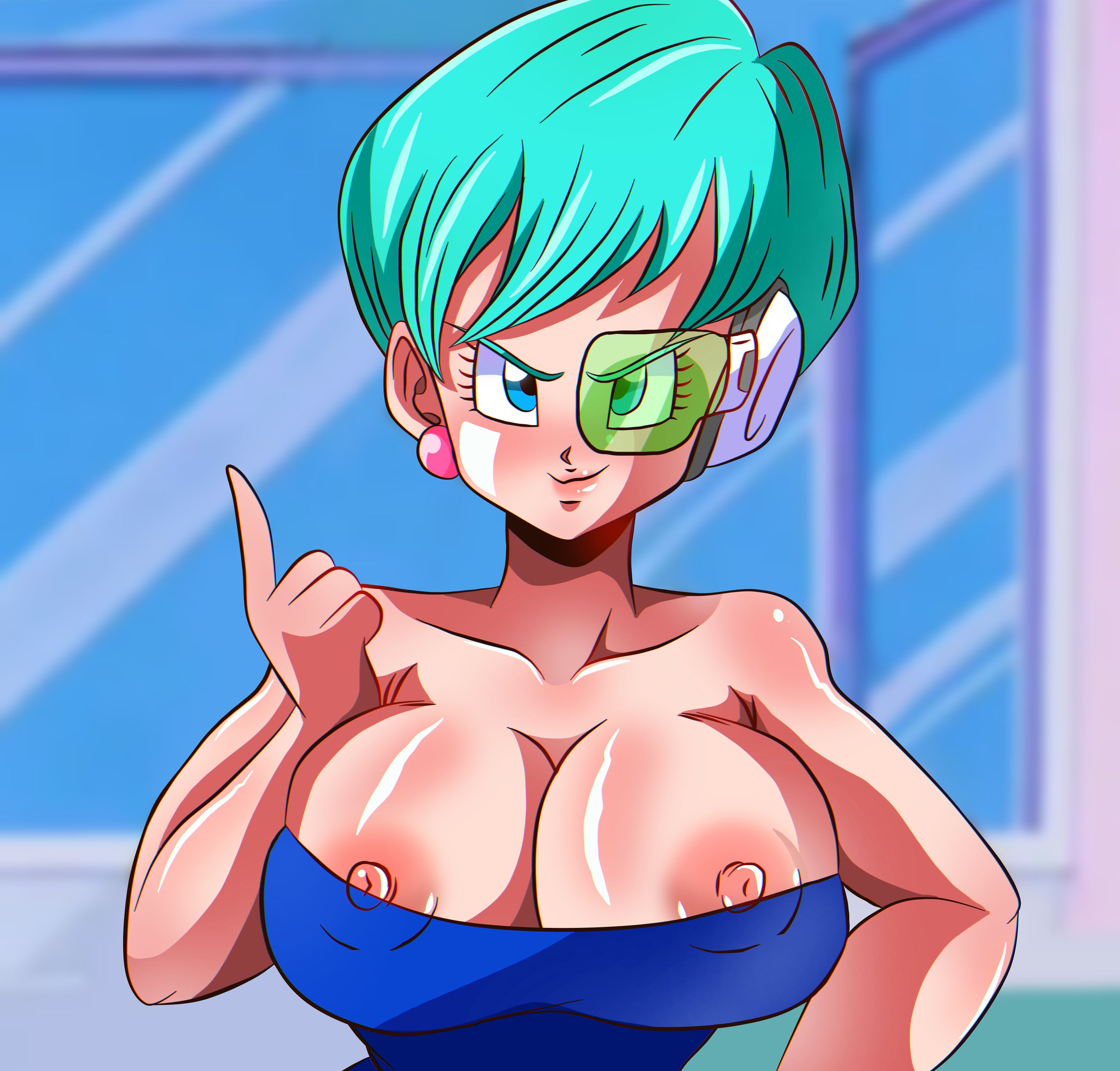 1girls, areolae, bangs, bare shoulders, blue eyes, blue hair, blue topwear, blush, breasts, bulma, bulma (beginnings of dragon ball z), bulma (saiyan saga), cleavage, collarbone, dragon ball, dragon ball z, earrings, female, female focus, female only, green-tinted eyewear, grin, hi res, highres, huge breasts, kyandi db, large breasts, looking at viewer, nipples, nipples visible through clothing, red earrings, scouter, short hair, smile, smirk, solo, strapless, tinted eyewear, tubetop