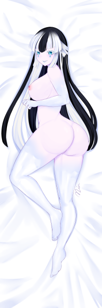 big_breasts black_hair blue_eyes blue_lips bodypillow fuyuko_(monster_girl_island) laying_on_bed laying_on_stomach long_hair looking_at_viewer lowres monster_girl monster_girl_island presenting presenting_hindquarters thick_thighs white_hair yuki_onna