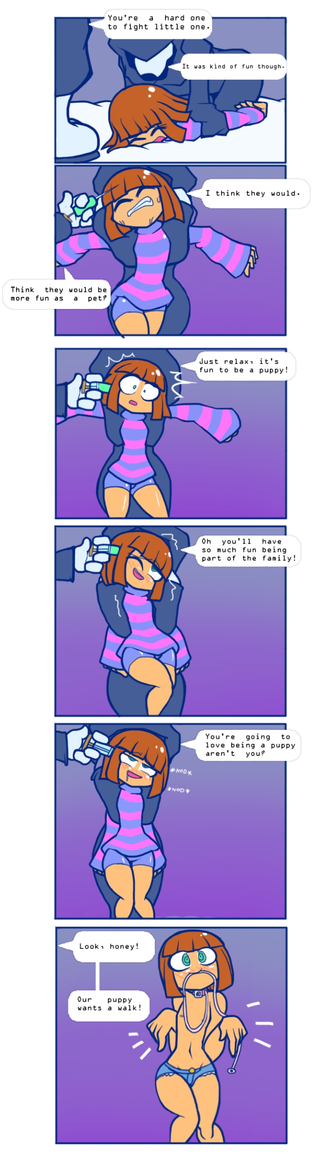 booty shorts, ear penetration, evenytron, femboy, femboy frisk, frisk, hypnosis, leash, male, mind break, mind control, pstash, slave, syringe, topless, undertale