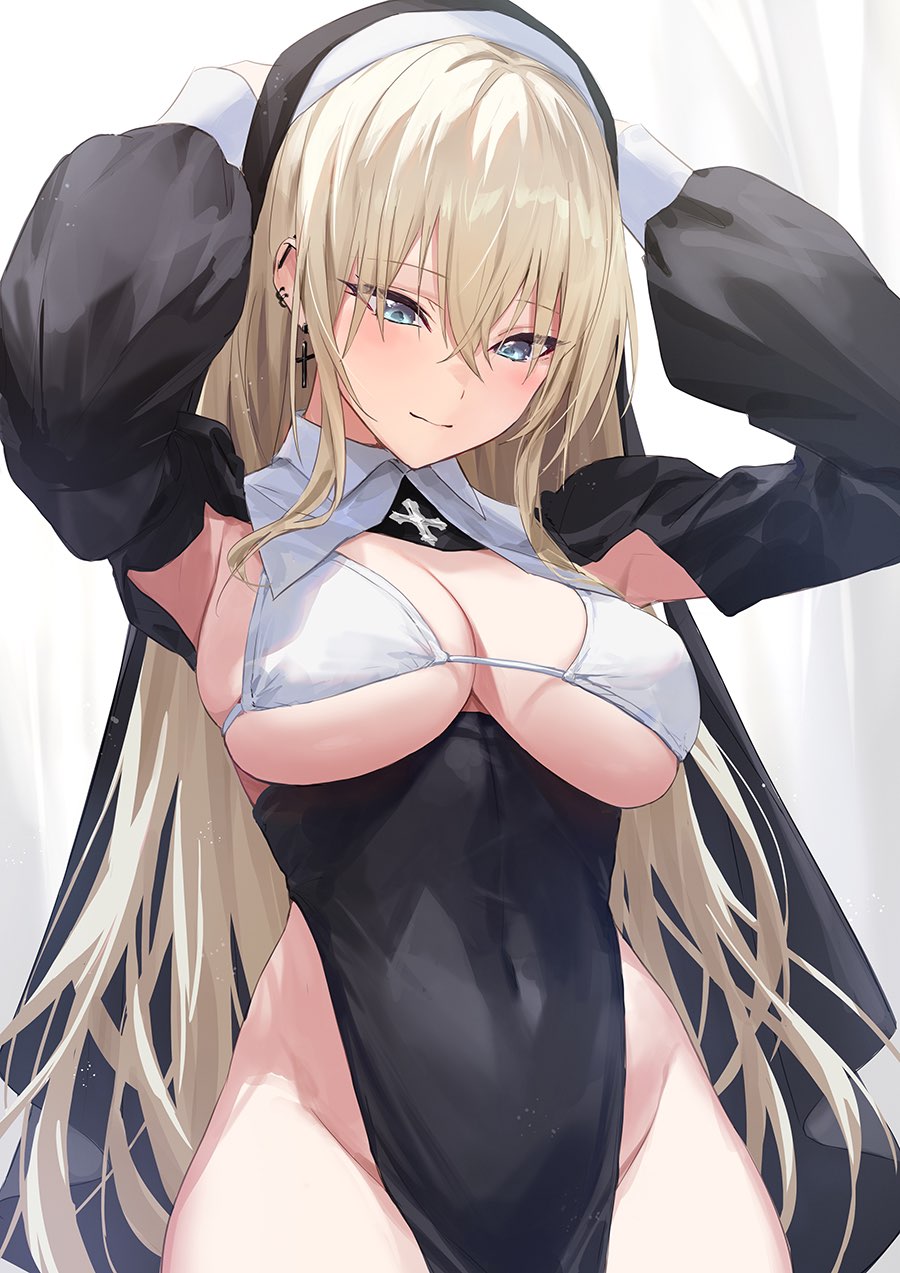 1girls, arms up, big breasts, blonde hair, blue eyes, breasts, female, female only, guchico (guchico77), large breasts, light skin, light-skinned female, navel, no panties, nun, solo, white background