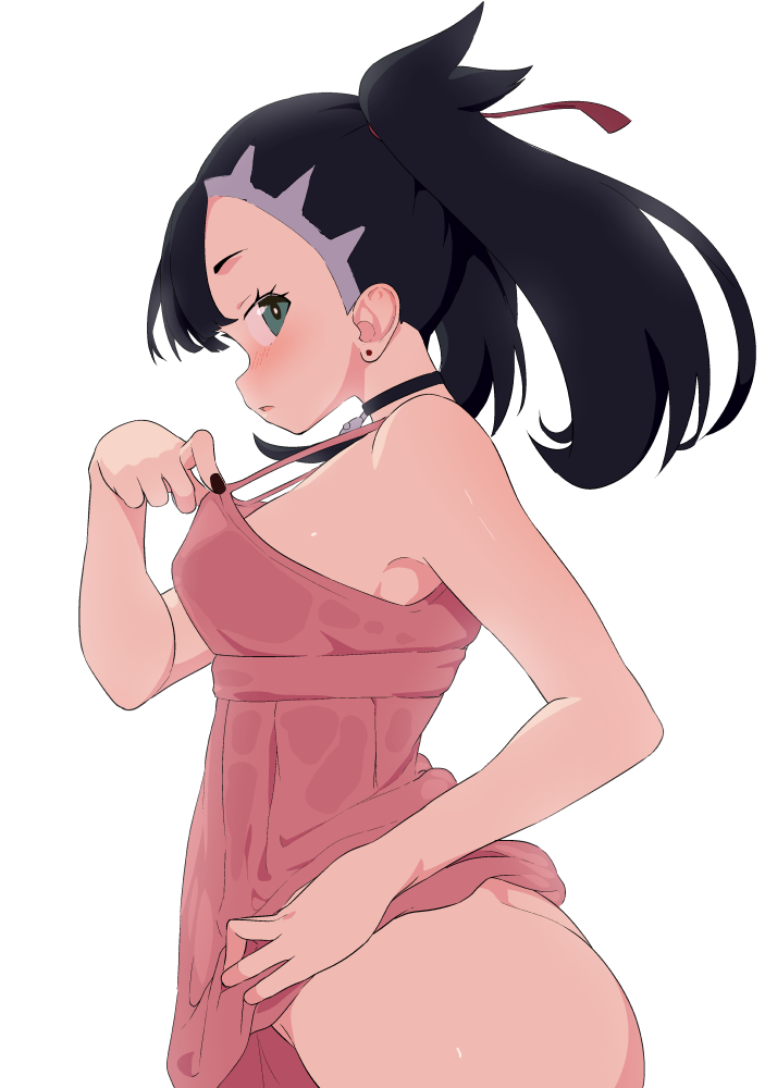 1girls ass black_hair black_nails blush bottomless breasts choker dress eye_contact female female_focus female_only hair_ribbon looking_at_viewer marnie_(pokemon) nail_polish nintendo no_panties pink_dress pokemon pokemon_ss solo standing tottotonero twintails