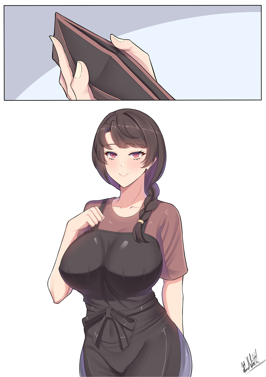 apron band-width big_breasts black_apron braid breasts brown_hair brown_shirt comic female hand_up large_breasts long_hair looking_at_viewer milf original personification red_eyes shirt smile solo standing wallet