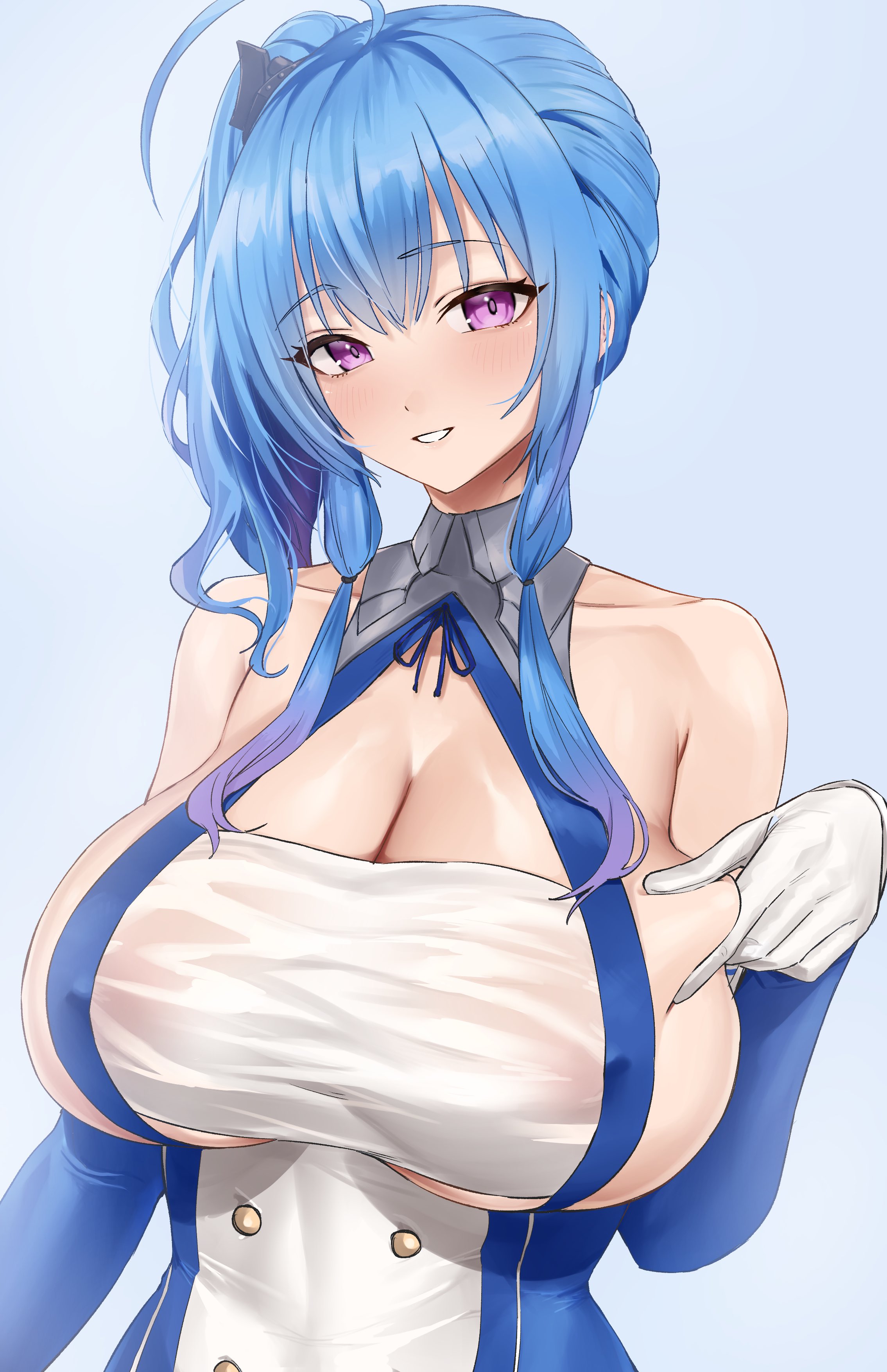 1girls, 2022, ahoge, azur lane, blue hair, breast focus, breasts, cleavage, clothed, clothed female, female, female only, hi res, hotate-chan, huge breasts, light blush, long hair, looking at viewer, massive breasts, purple eyes, side ponytail, simple background, slim waist, smile, st. louis (azur lane)