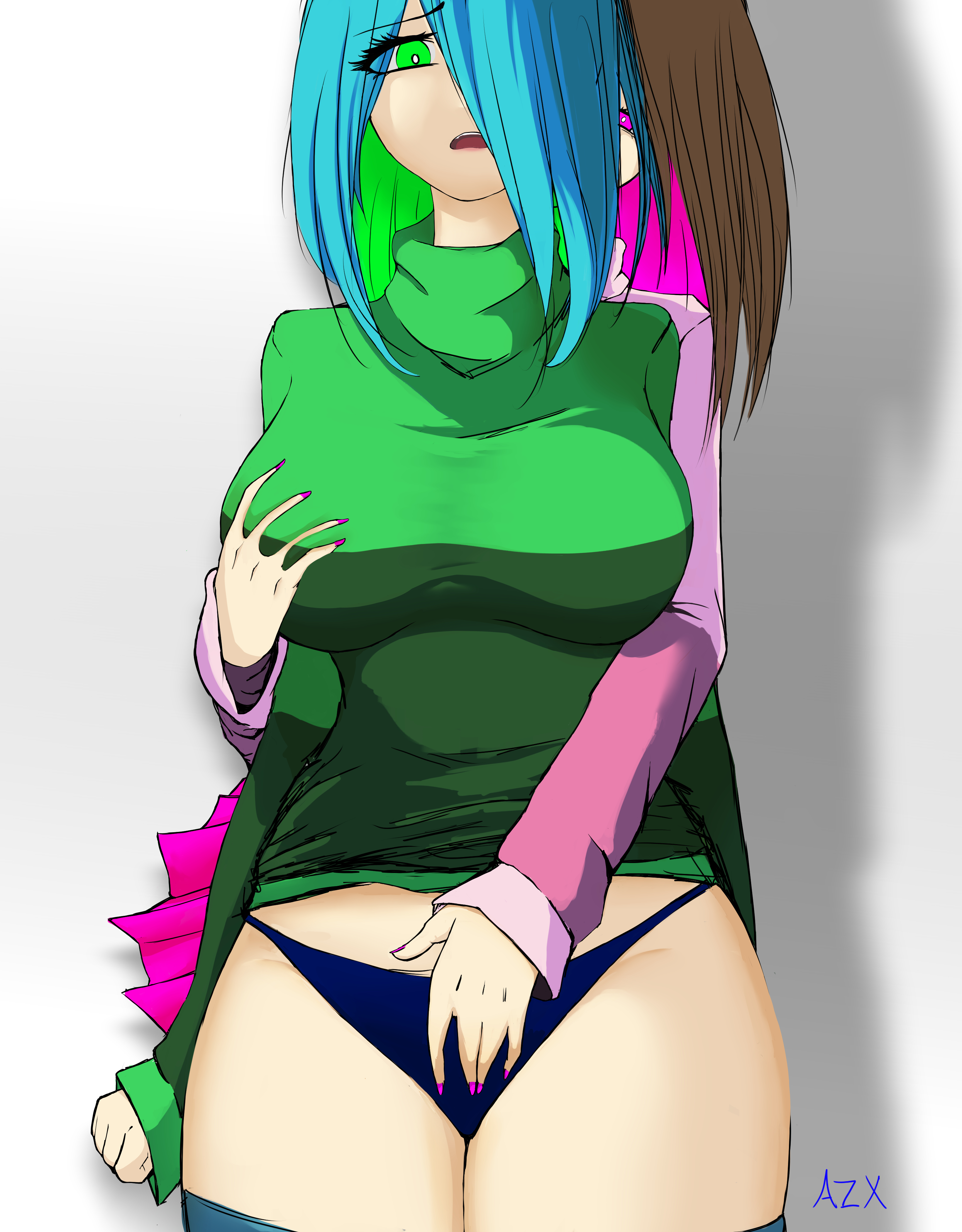 2022, 2girls, amber lightvale, bete noire, blue hair, blue panties, breast grab, breasts, brown hair, female, female only, femdom, glitchtale, green eyes, green highlights, hand over crotch, incest, large breasts, multiple females, multiple girls, panties, pink fingernails, pink highlights, pixiv, submissive, submissive female, tagme, undertale, undertale au, undertale fanfiction, white background, yuri