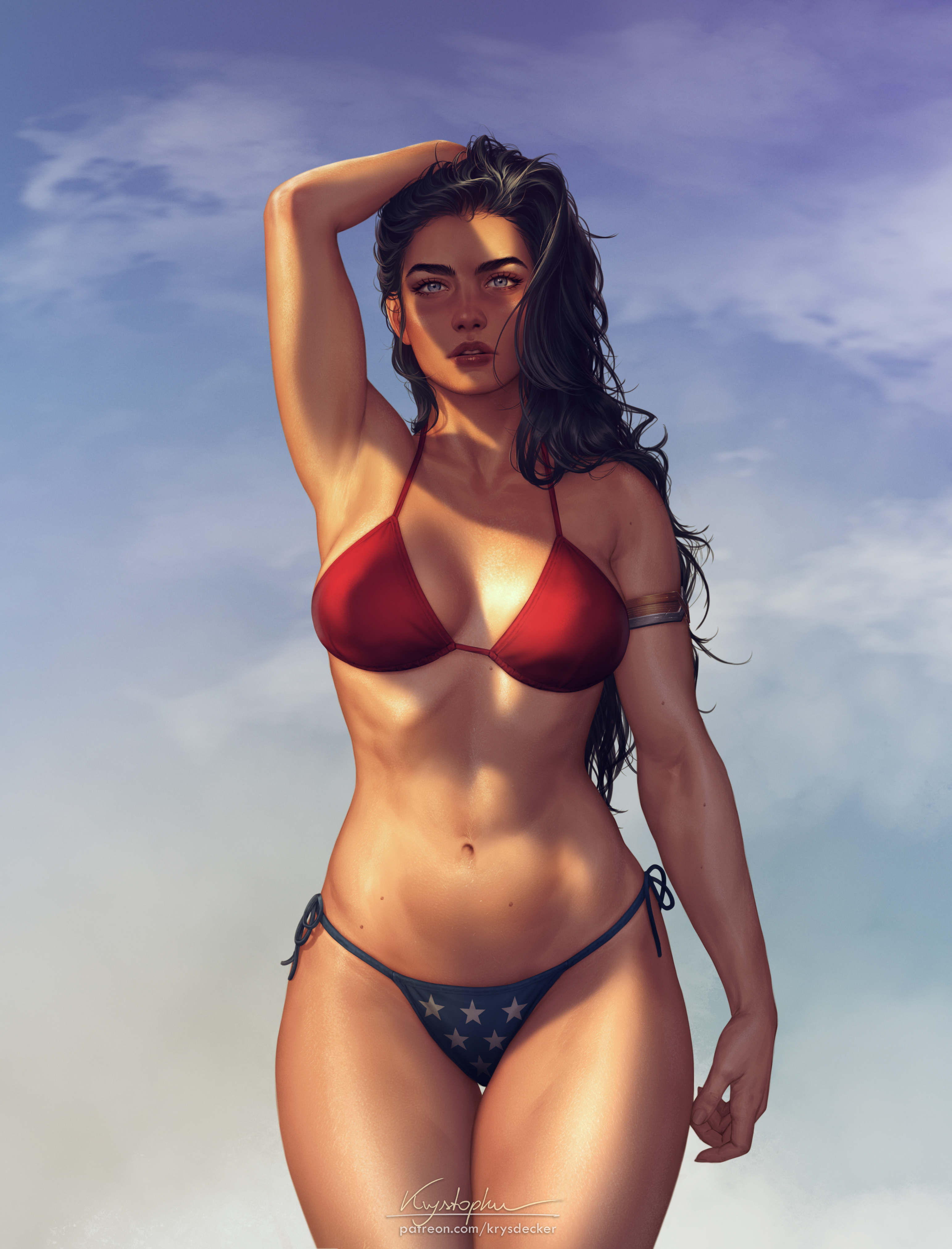 1girls, armpits, belly button, bikini, black hair, blue eyes, dc, dc comics, diana prince, female, female only, krysdecker, looking at viewer, navel, olive skin, pinup, superheroine, wonder woman, wonder woman (series)