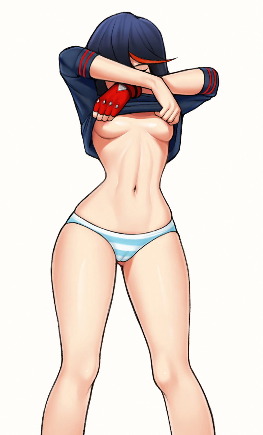 1girls blue_and_white_striped_panties breasts cameltoe canon_panties female female_only fingerless_gloves gloves human kill_la_kill long_legs loodncrood matoi_ryuuko meme panties red_highlights ryukoredraw shimapan short_hair solo solo_female standing thick_thighs thighs tomboy two_tone_hair undressing white_background