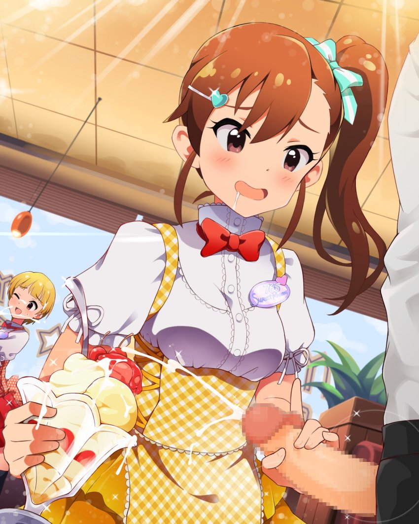 2girls ;d censored cum cum_on_food ejaculation facial food futami_mami handjob highres ice_cream idolmaster idolmaster_million_live! kim_da-yoon multiple_girls one_eye_closed open_mouth penis penis_grab philipposter restaurant smile uniform waitress