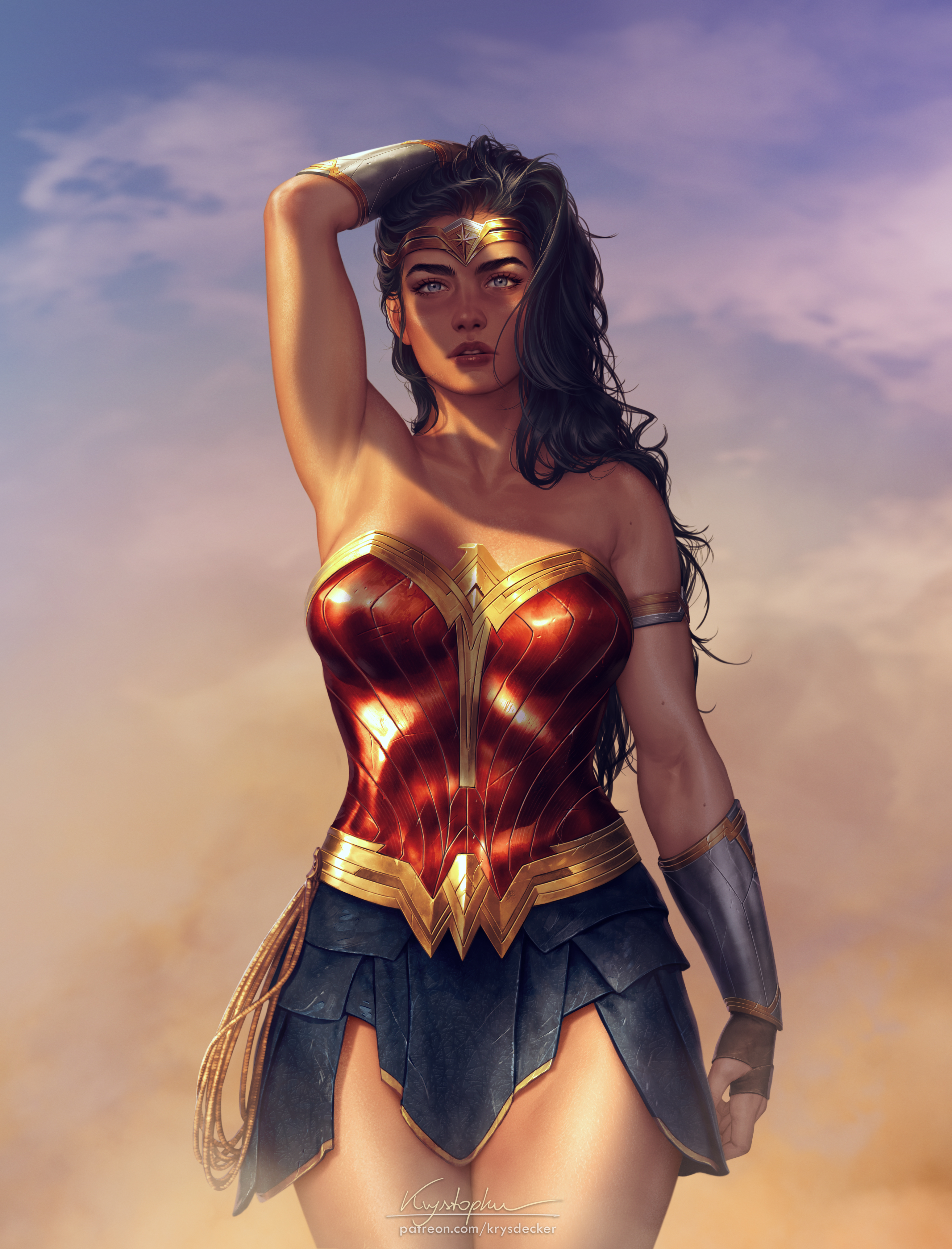 1girls, black hair, blue eyes, clothed, dc, dc comics, dc extended universe, diana prince, female, female only, krysdecker, lipstick, long hair, olive skin, pinup, solo, superheroine, tiara, wonder woman, wonder woman (series)