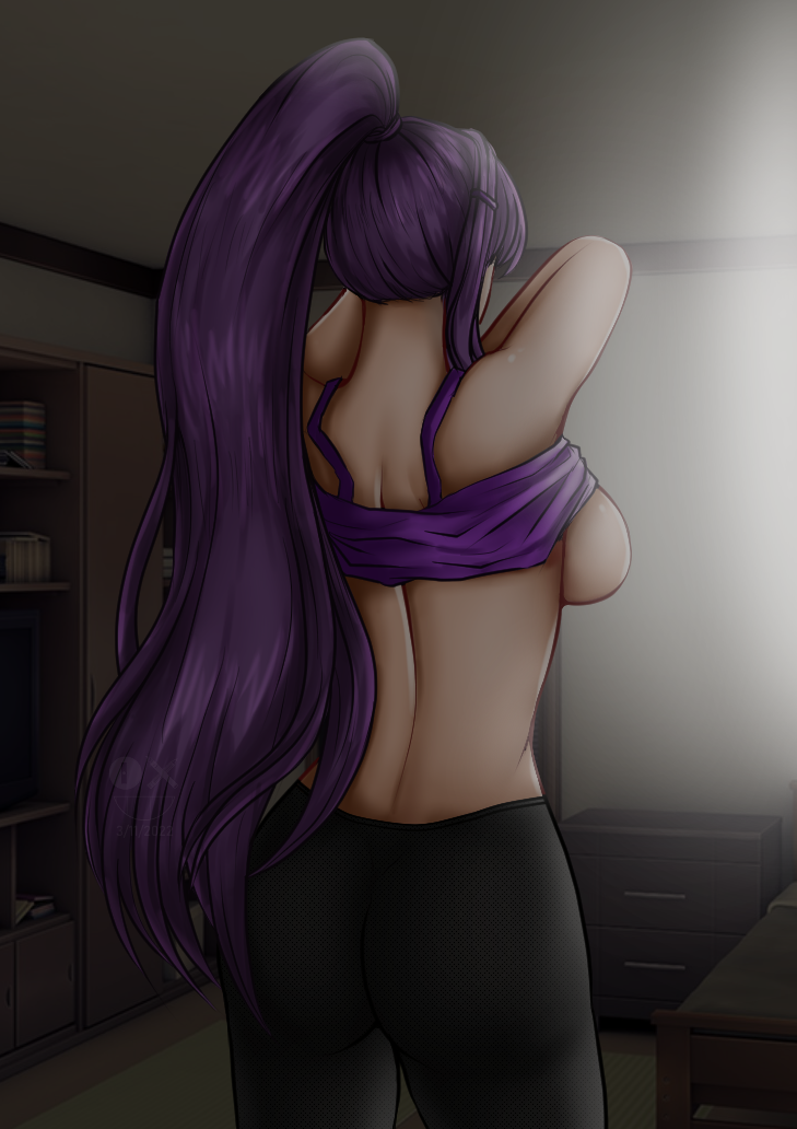 1girls back doki_doki_literature_club female genkun gnyrkd long_hair meme no_bra purple_hair ryukoredraw undressing workout yuri_(doki_doki_literature_club)