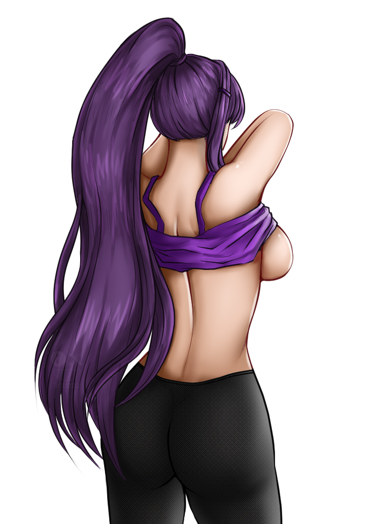 1girls back doki_doki_literature_club female genkun gnyrkd long_hair meme no_bra purple_hair ryukoredraw undressing workout yuri_(doki_doki_literature_club)