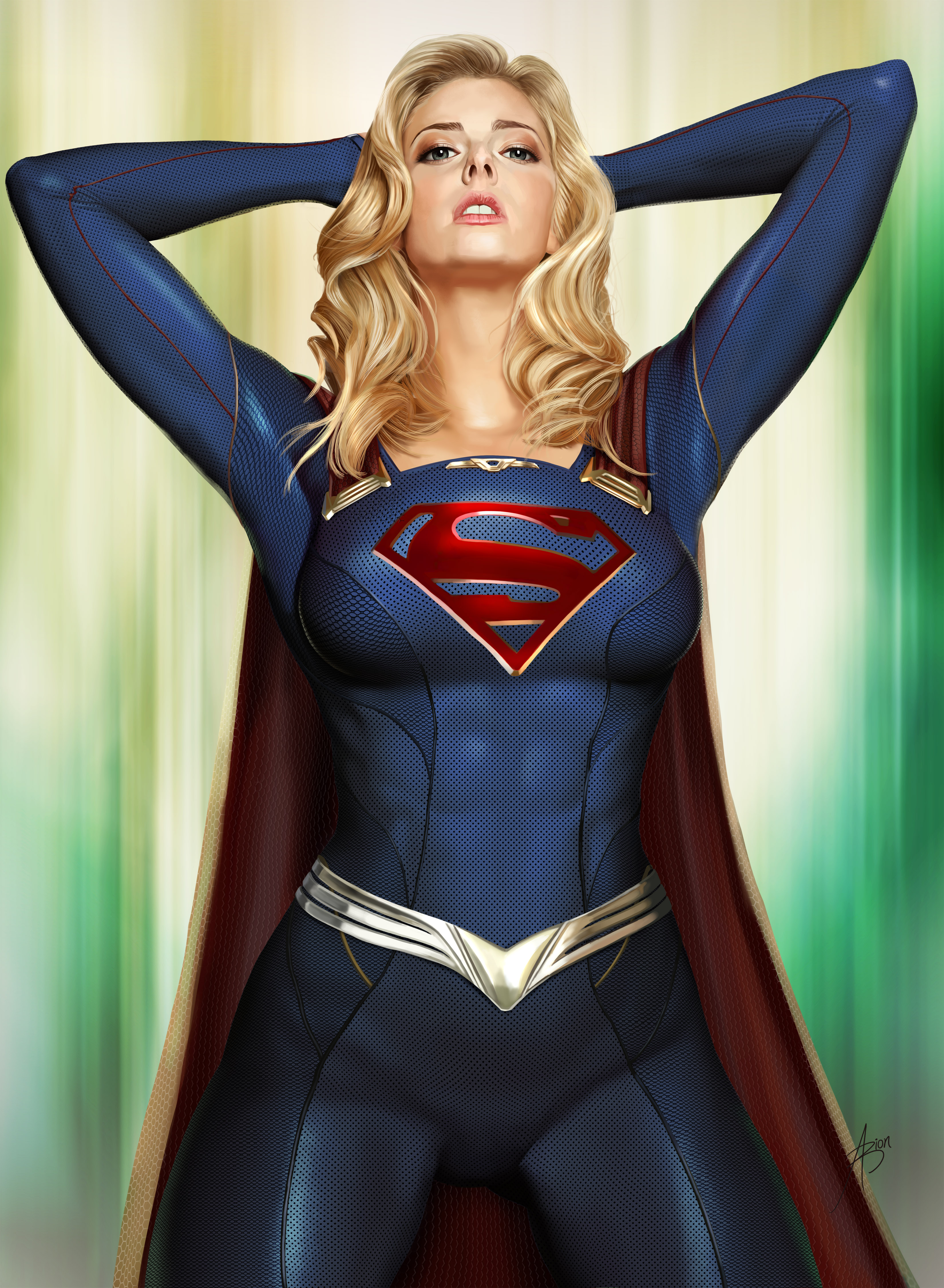 arion69, arrowverse, blonde female, dc, dc comics, female, hand behind own head, kara zor-el, looking at viewer, looking down, supergirl, supergirl (cw), superheroine, superman (series)