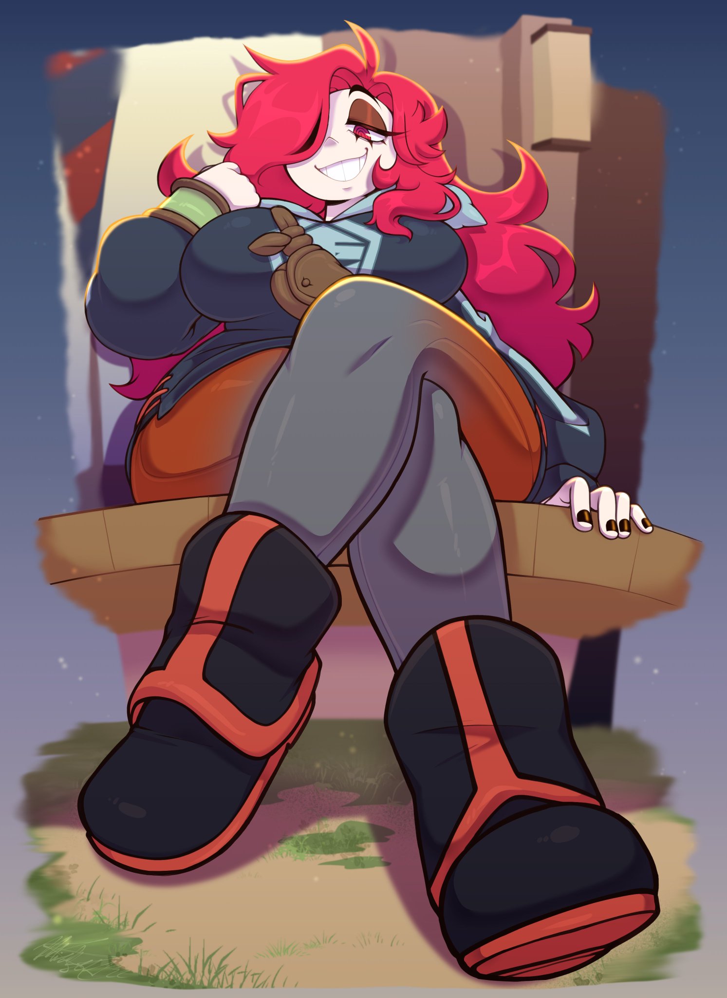 1girls, arezu (pokemon), big breasts, boots, breasts, dominant, female, female only, hair over one eye, pokemon, pokemon legends: arceus, pov, red eyes, red hair, smile, smug, submissive pov, throne, tight clothing, toon michaela, toxicsoul77, whore eyes, wide hips