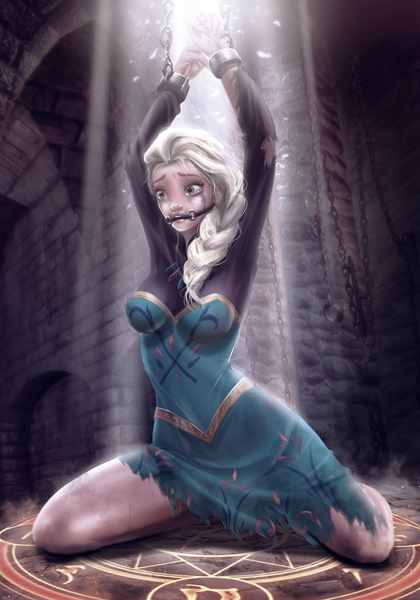 alanvadell, arms up, bondage, breasts, chained, disney, dungeon, elsa (frozen), female, frozen (film), gag, gagged, kneeling, medium breasts, runny makeup, shackled, shackles, tears